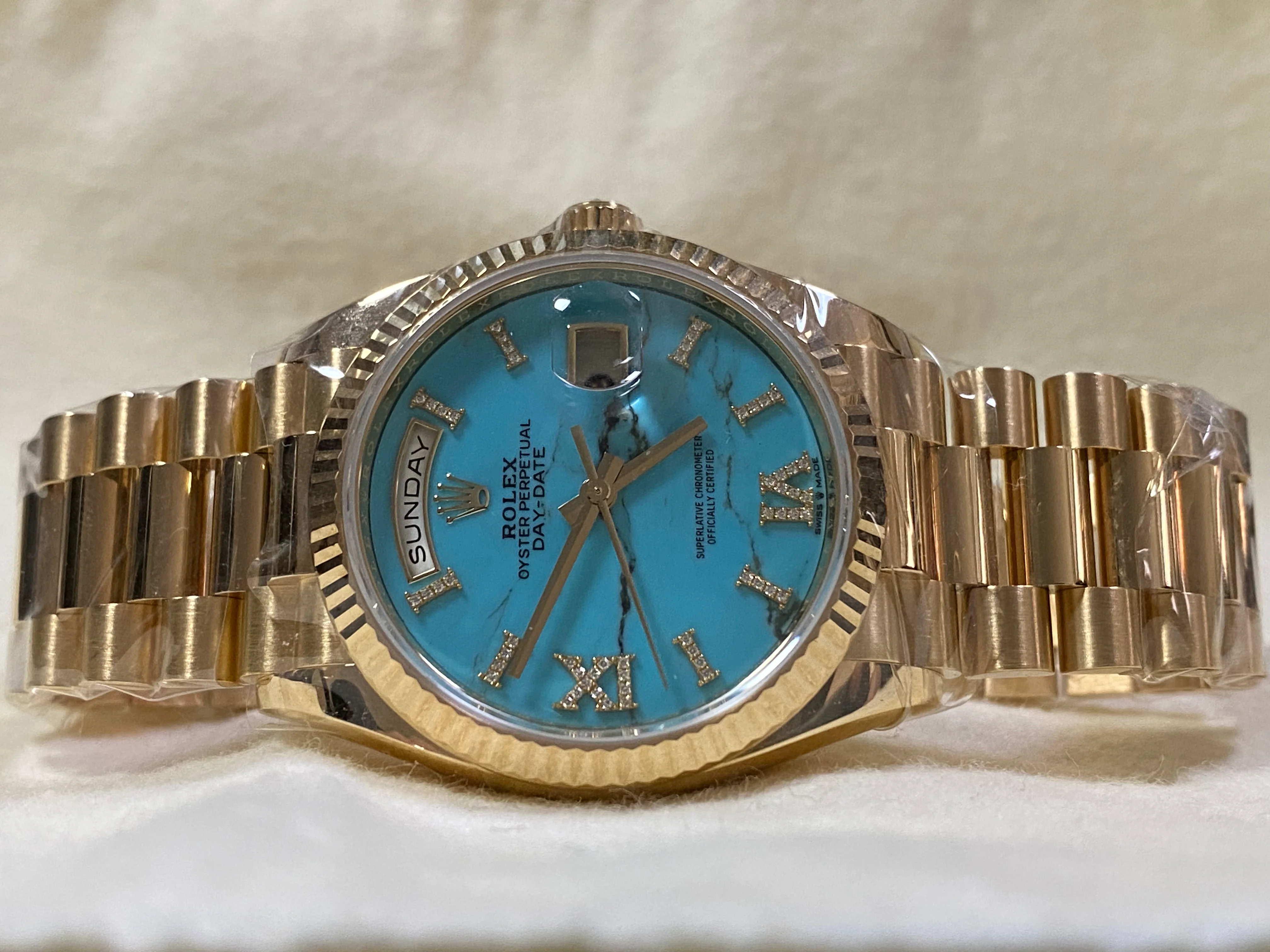 Rolex Yellow Gold Day-Date 36 - 2023 - Turquoise Diamond-Set Dial - Fluted Bezel - President Bracelet - 128238