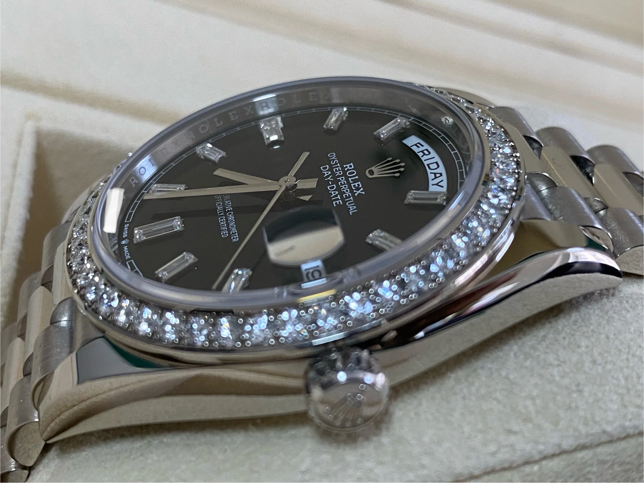 Rolex White Gold Day-Date 40 - 2023 - Diamond-Set Bezel - Black Baguette Dial - President Bracelet - 228349RBR