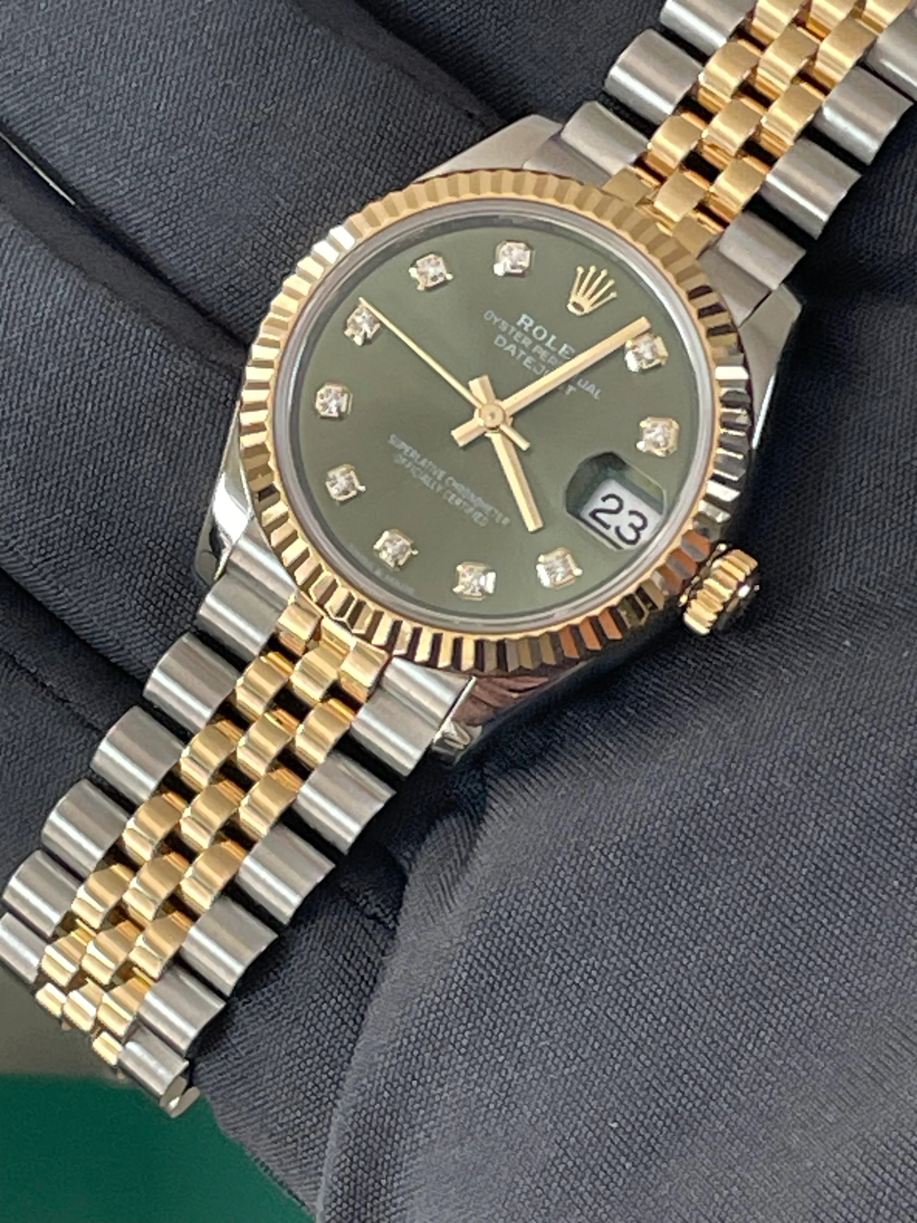 Rolex Steel and Yellow Gold Datejust 31 - 2022 - Fluted Bezel - Olive Green Diamond Dial - Jubilee Bracelet - 278273