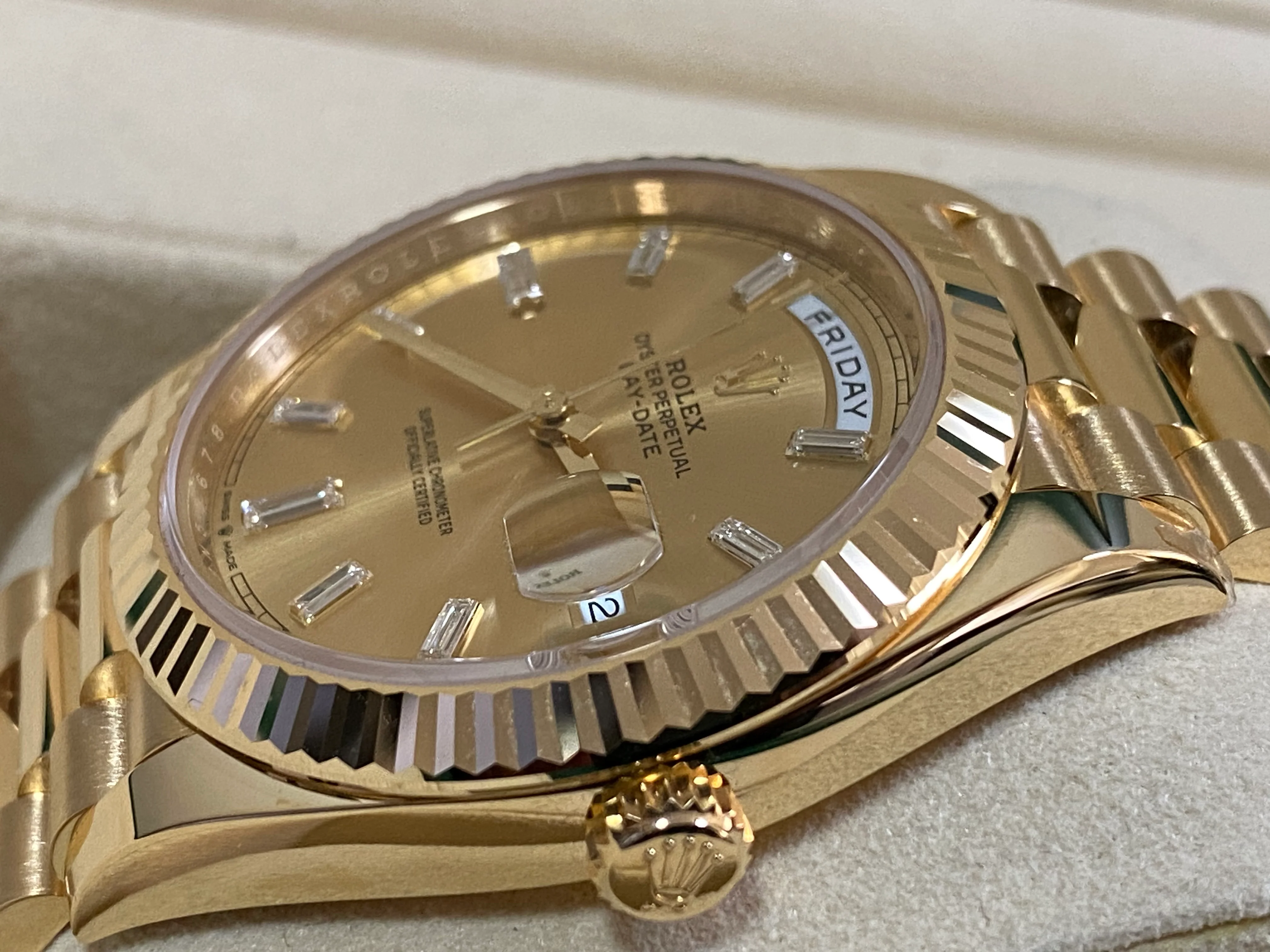 Rolex Yellow Gold Day-Date 40 - 2023 - Fluted Bezel - Baguette Diamond Dial - President Bracelet - 228238
