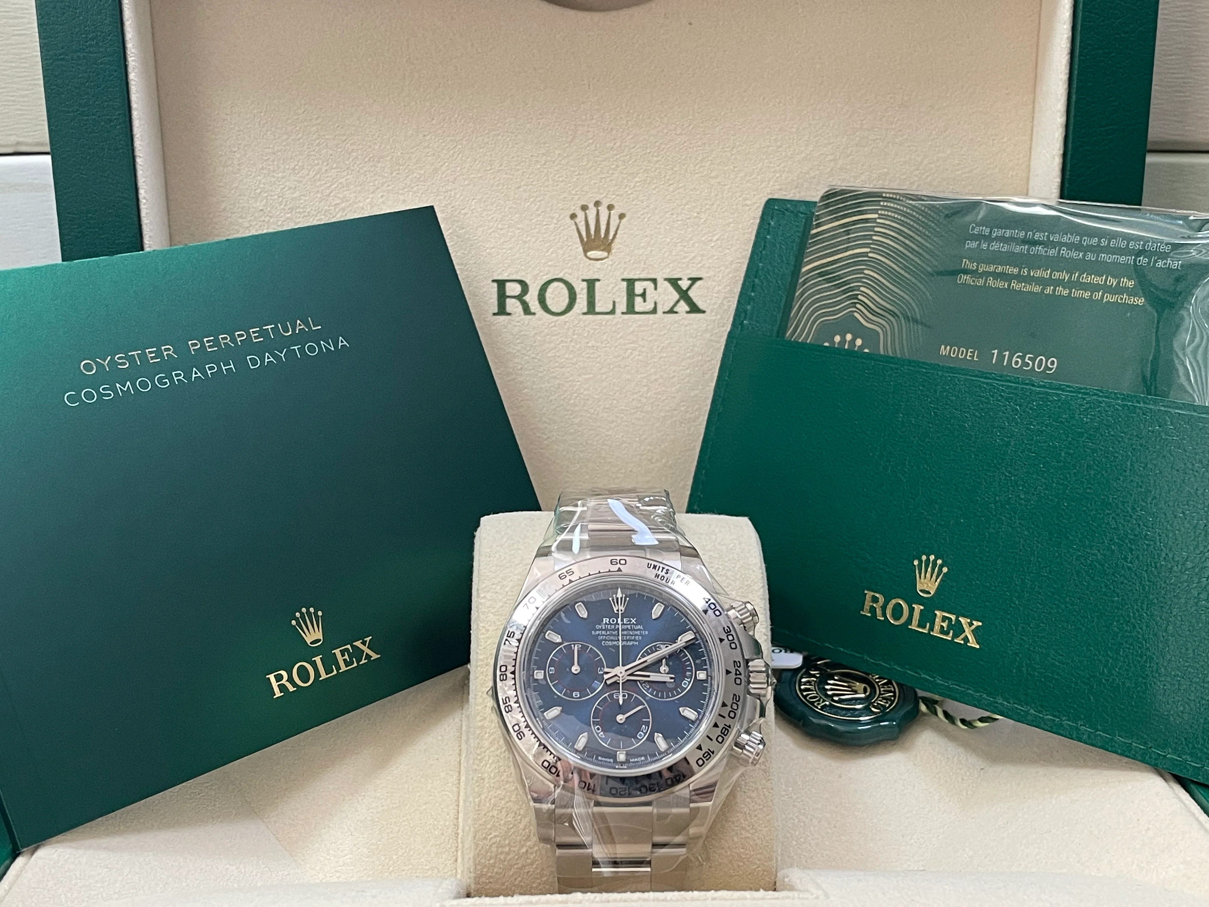 Rolex White Gold Cosmograph Daytona - 2023 - Blue Index Dial - 116509 *PARTIAL STICKERS*