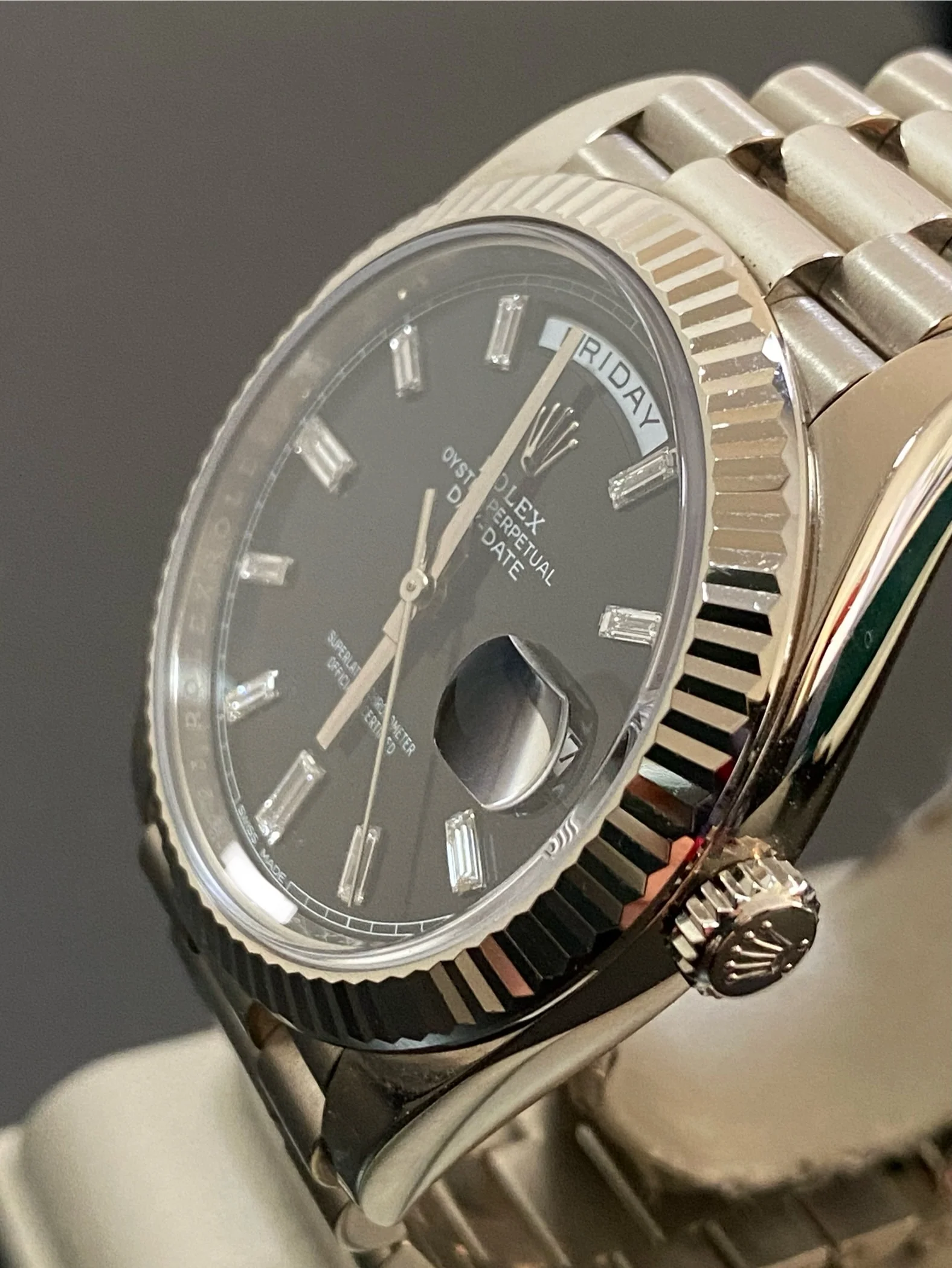Rolex White Gold Day-Date 40 - 2021 - Fluted Bezel - Black Baguette Diamond Dial - President Bracelet - 228239