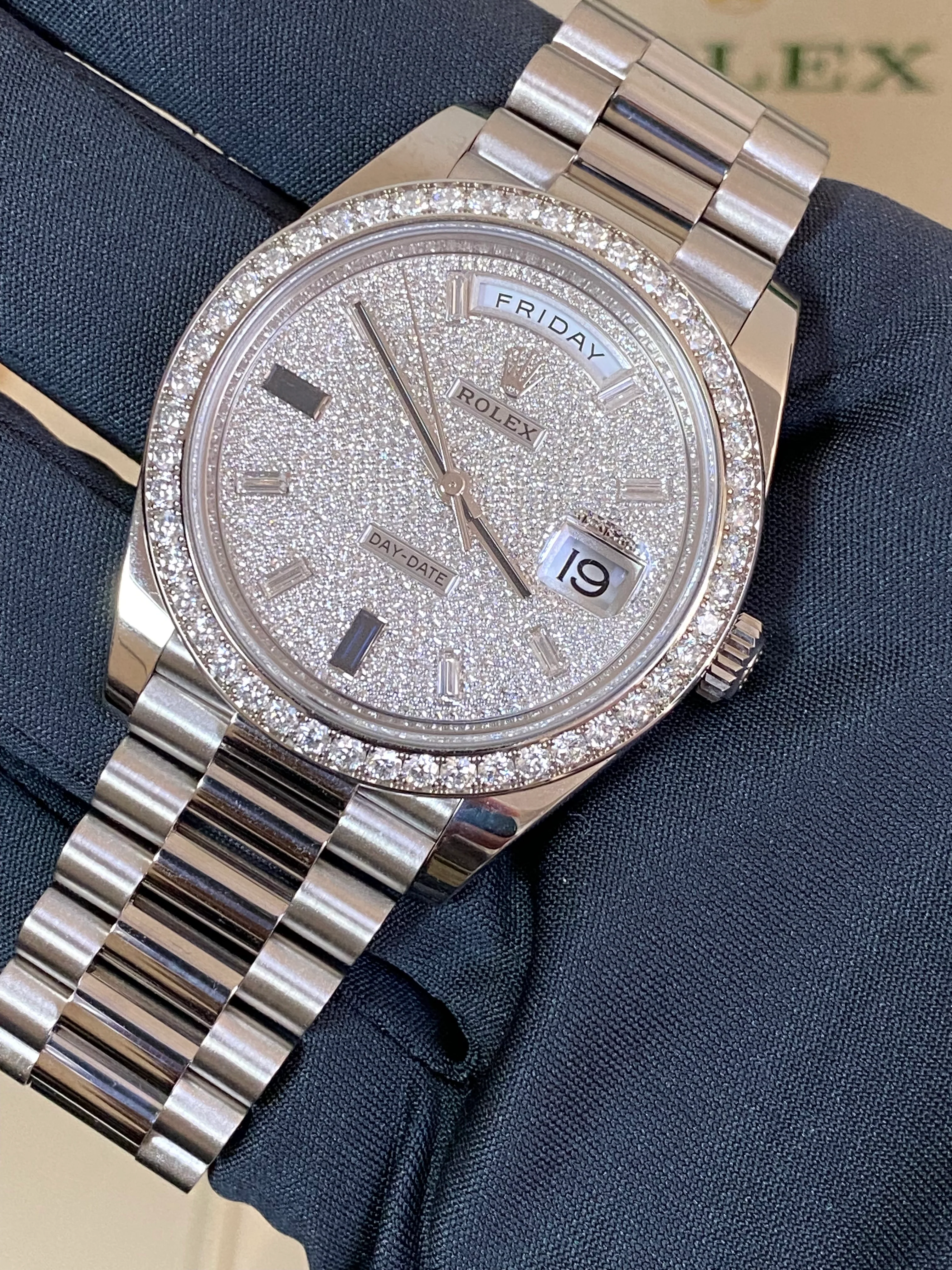 Rolex White Gold Day-Date 40 - 2023 - Diamond Bezel - Paved Diamond Baguette Dial - President Bracelet - 228349RBR *COMPLETE SET*