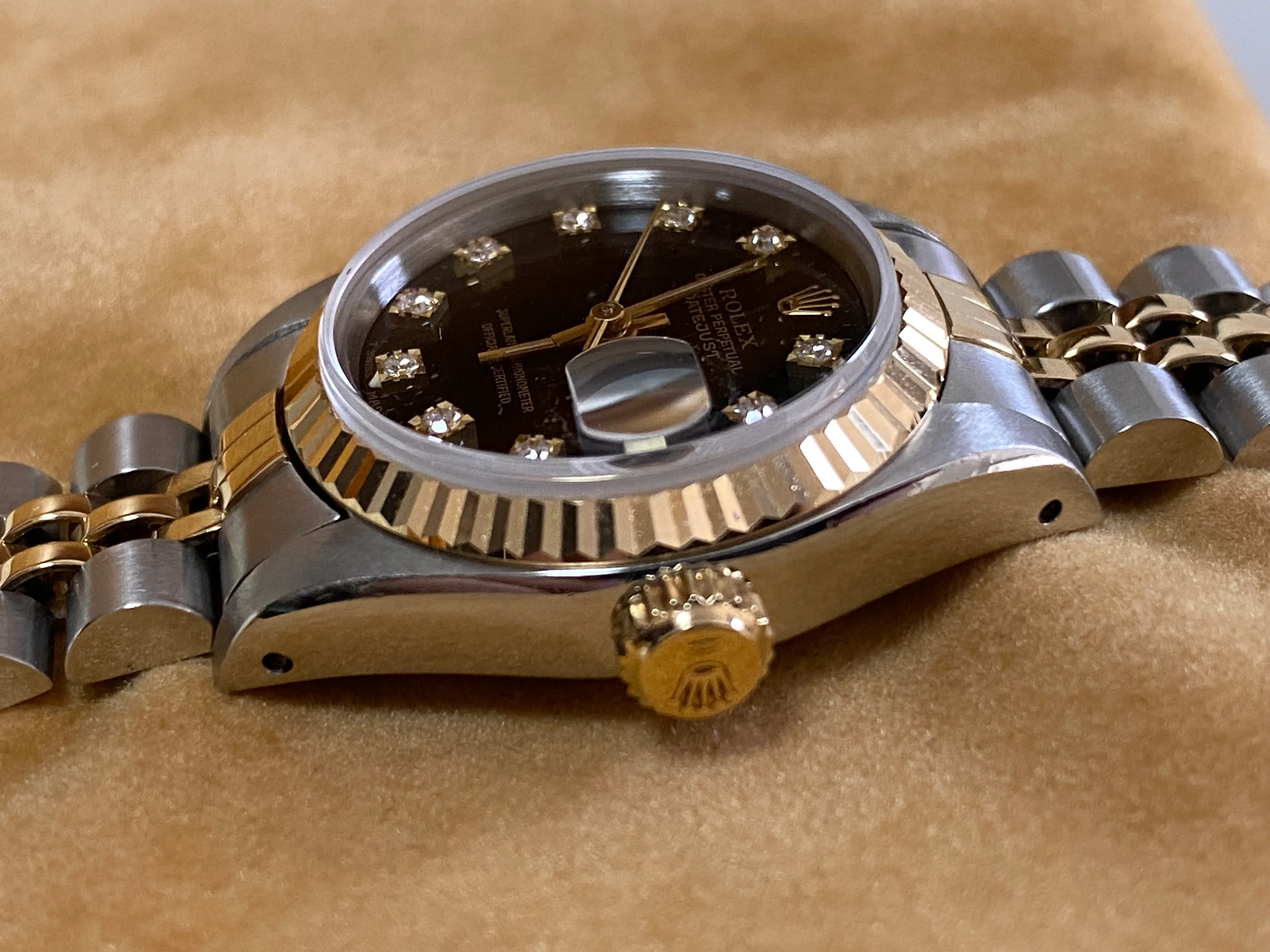 Rolex Steel and Yellow Gold Lady-Datejust - Fluted Bezel - Black Diamond Dial - Jubilee Bracelet - 69173