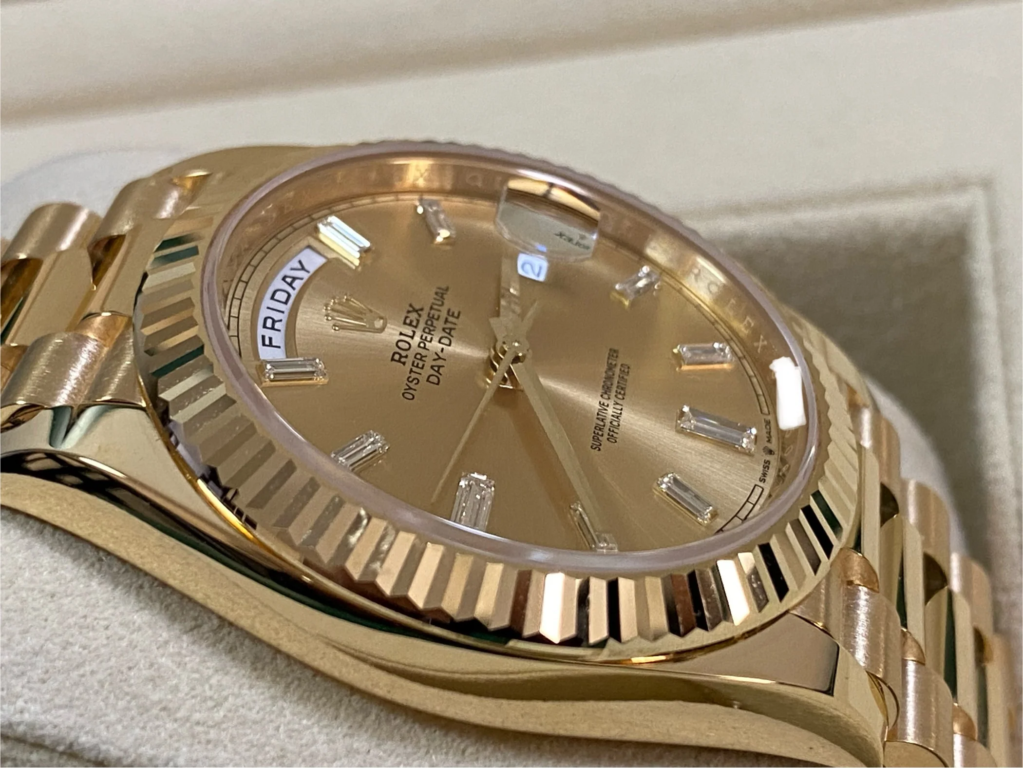 Rolex Yellow Gold Day-Date 40 - 2023 - Fluted Bezel - Baguette Diamond Dial - President Bracelet - 228238