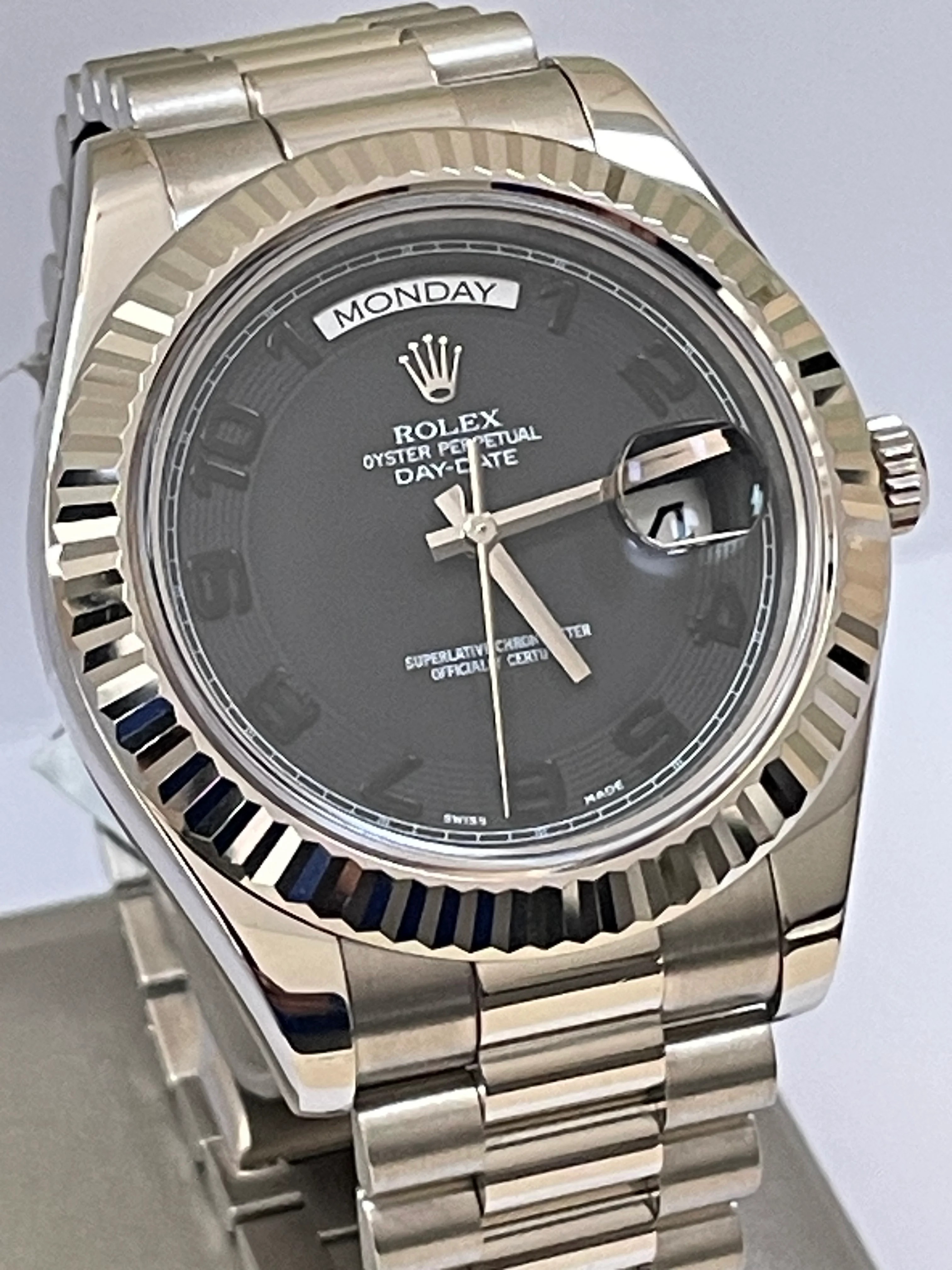 Rolex White Gold Day-Date II - 2017 - Fluted Bezel - Black Concentric Dial - President Bracelet - 218239