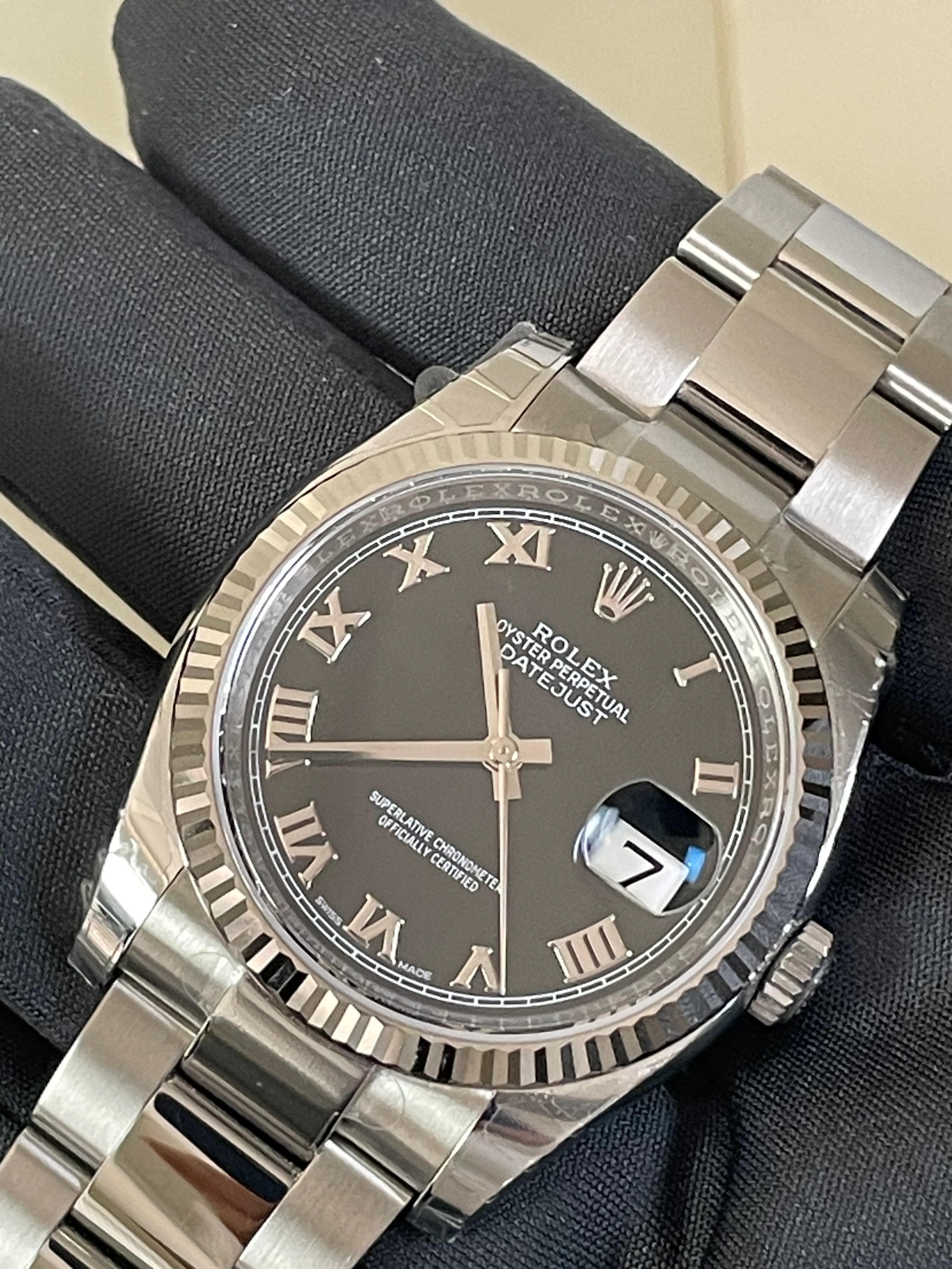 Rolex Steel Datejust 36 - 2018 - Fluted Bezel - Black Roman Dial - Oyster Bracelet - 116234 *FULL STICKERS*