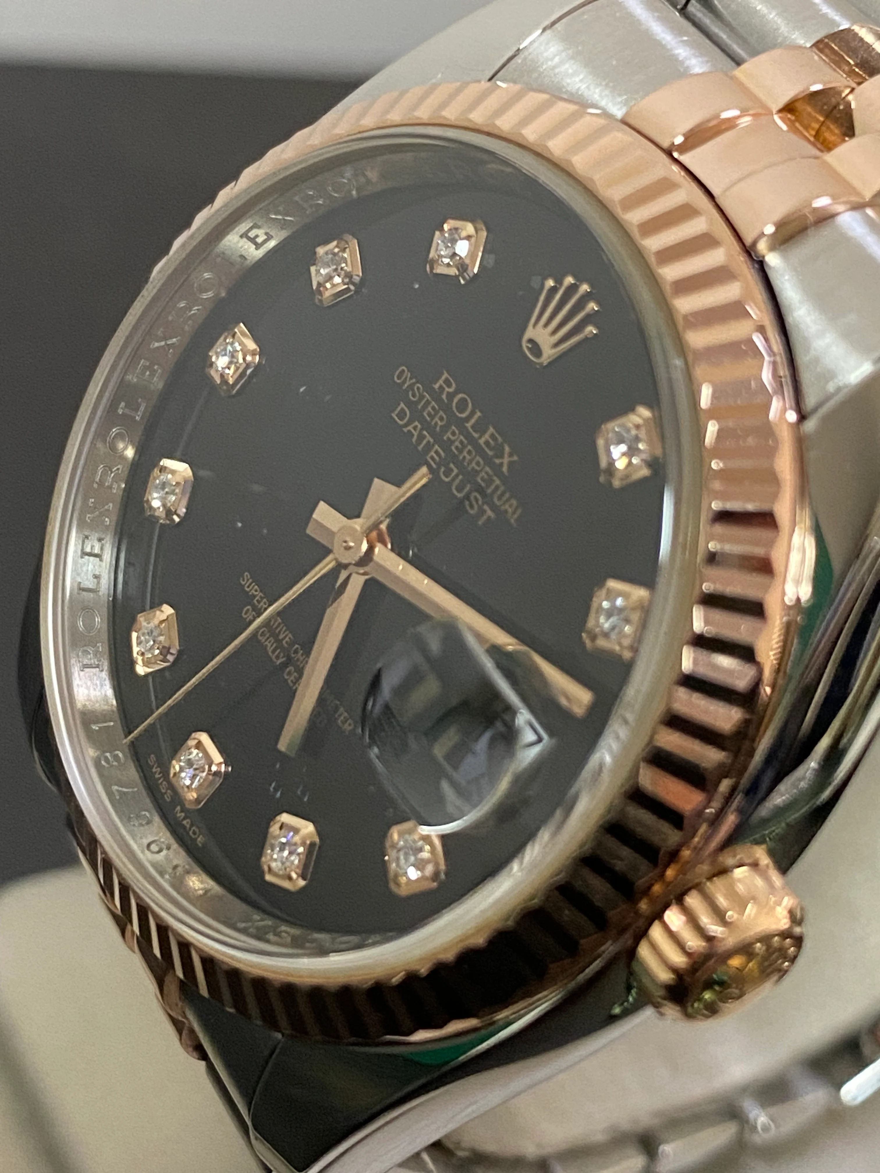 Rolex Steel and Everose Gold Datejust 36 - 2009 - Fluted Bezel - Black Diamond Dial - Jubilee Bracelet - 116231
