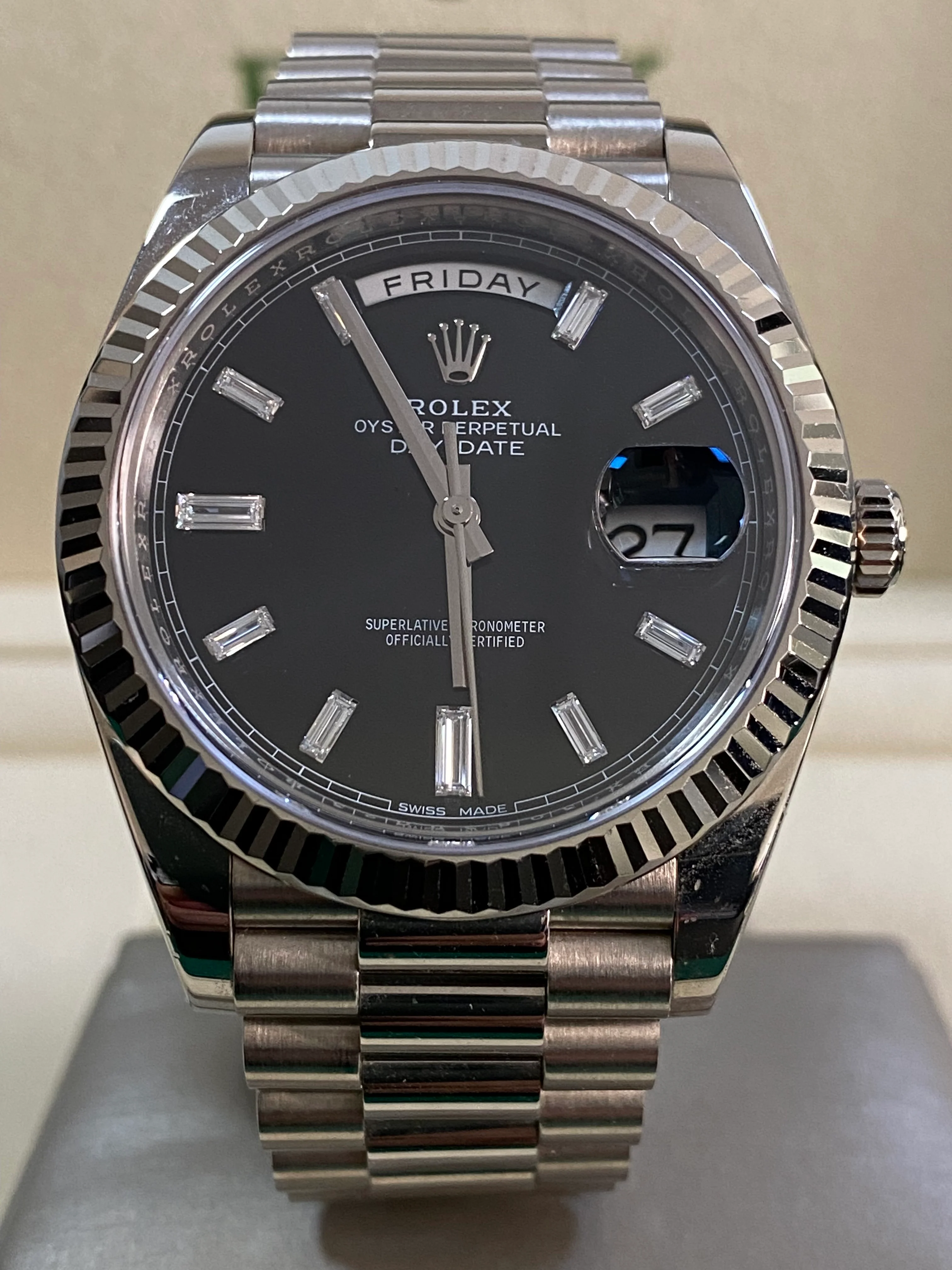 Rolex White Gold Day-Date 40 - 2021 - Fluted Bezel - Black Baguette Diamond Dial - President Bracelet - 228239