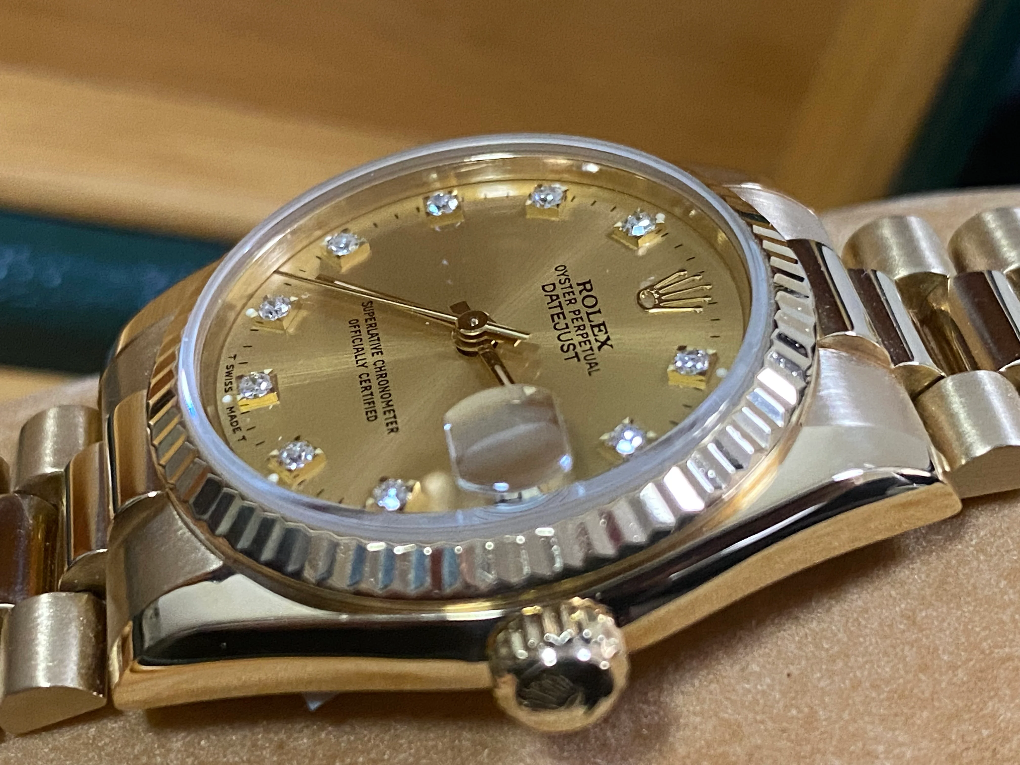 Rolex Yellow Gold Datejust 31 - N Serial - Fluted Bezel - Factory Diamond Dial - President Bracelet - 68278