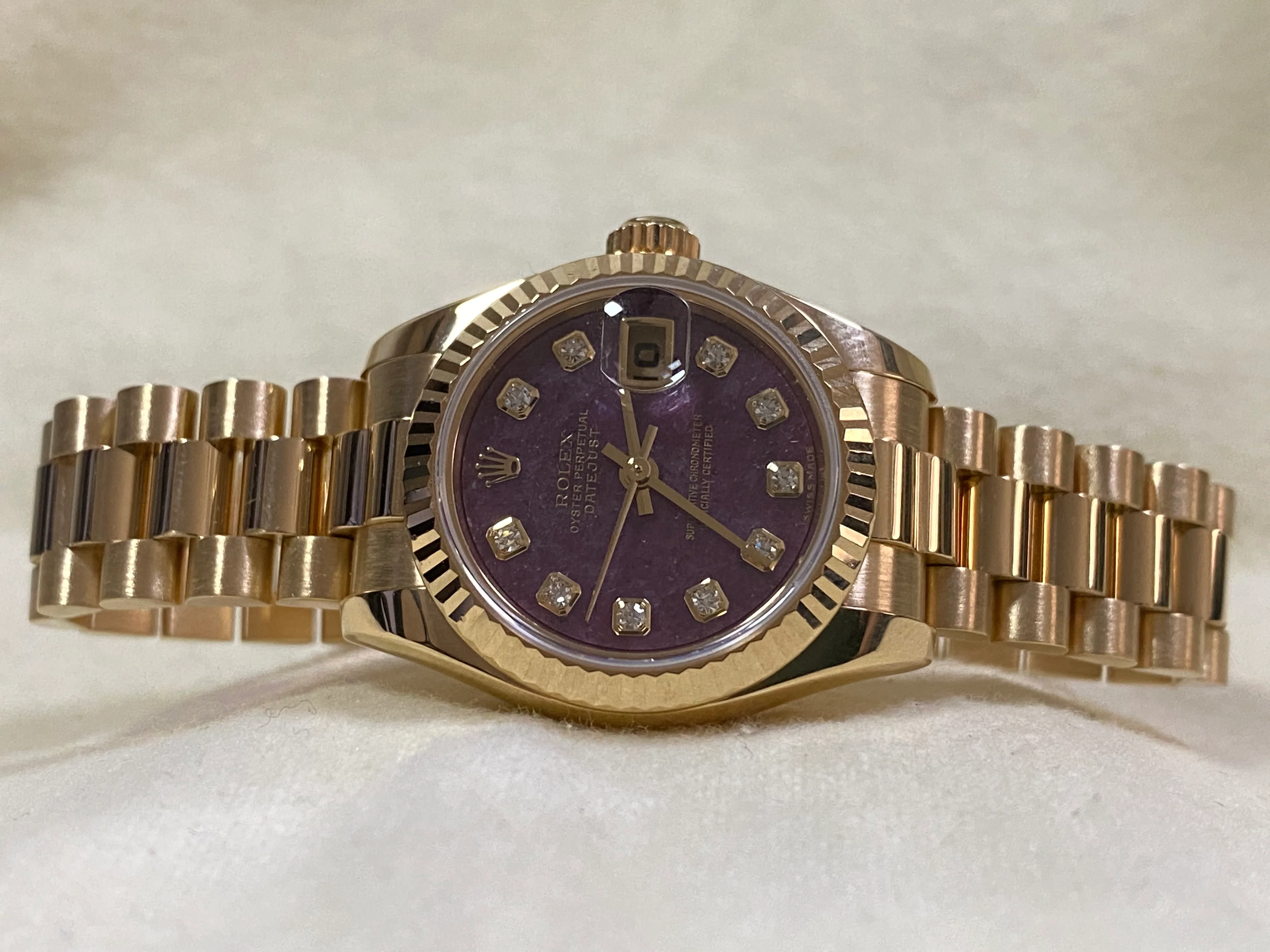 Rolex Yellow Gold Lady-Datejust - Y Serial - Fluted Bezel - Rubelite Diamond Dial - President Bracelet - 179178