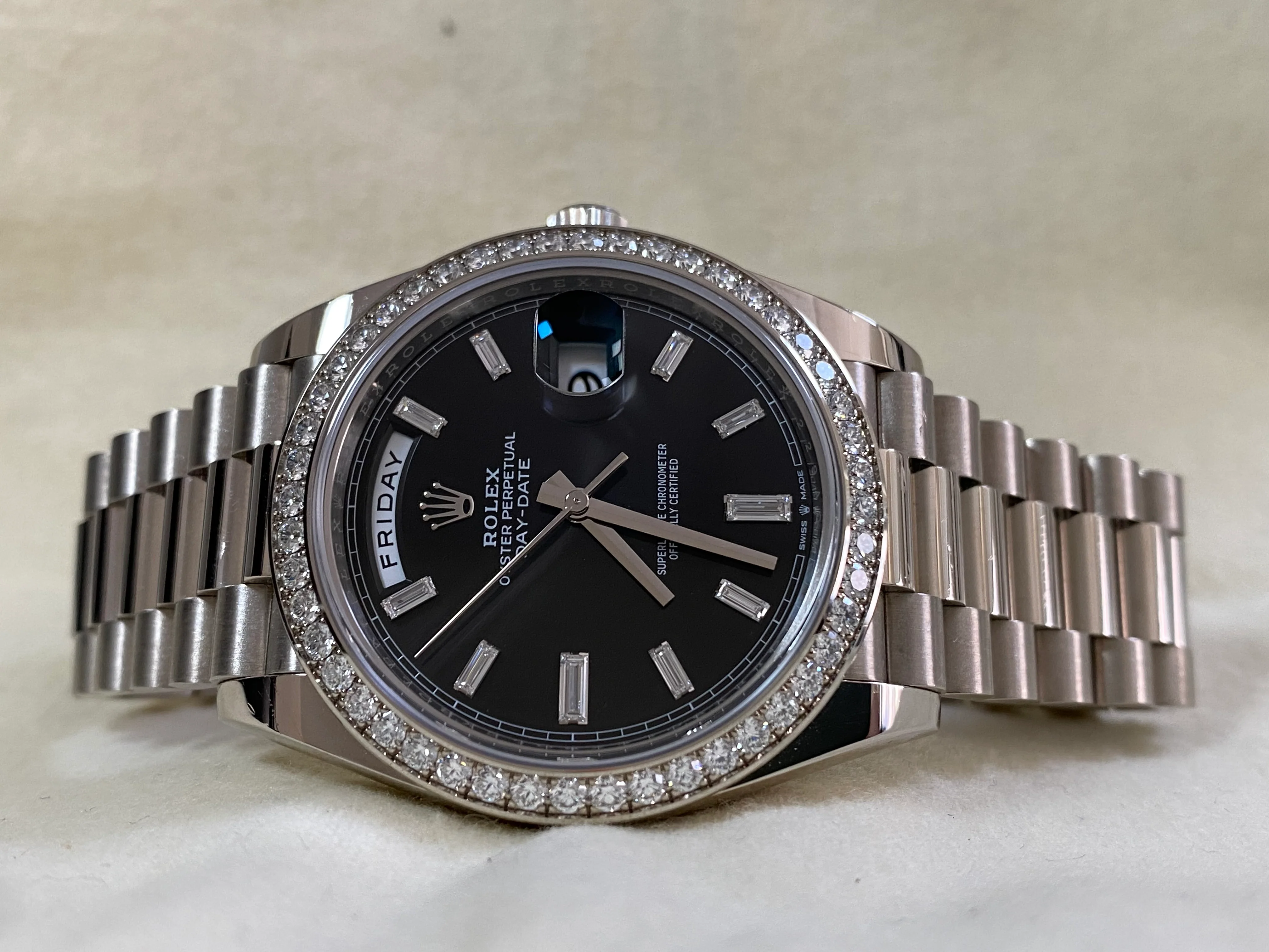 Rolex White Gold Day-Date 40 - 2023 - Diamond-Set Bezel - Black Baguette Dial - President Bracelet - 228349RBR