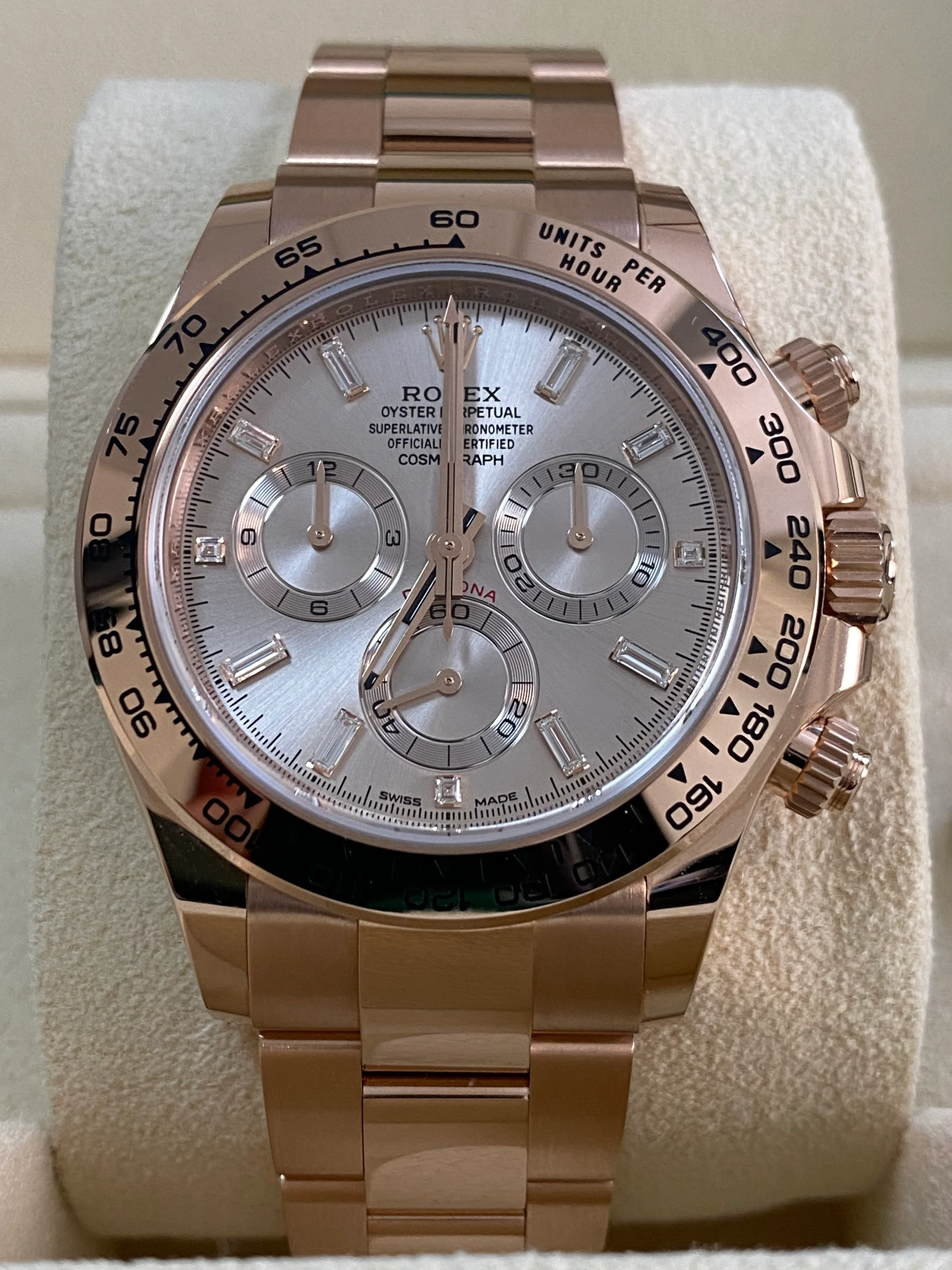 Rolex Everose Gold Cosmograph Daytona - 2023 - Sundust Baguette Dial - 116505 *FULL SET*