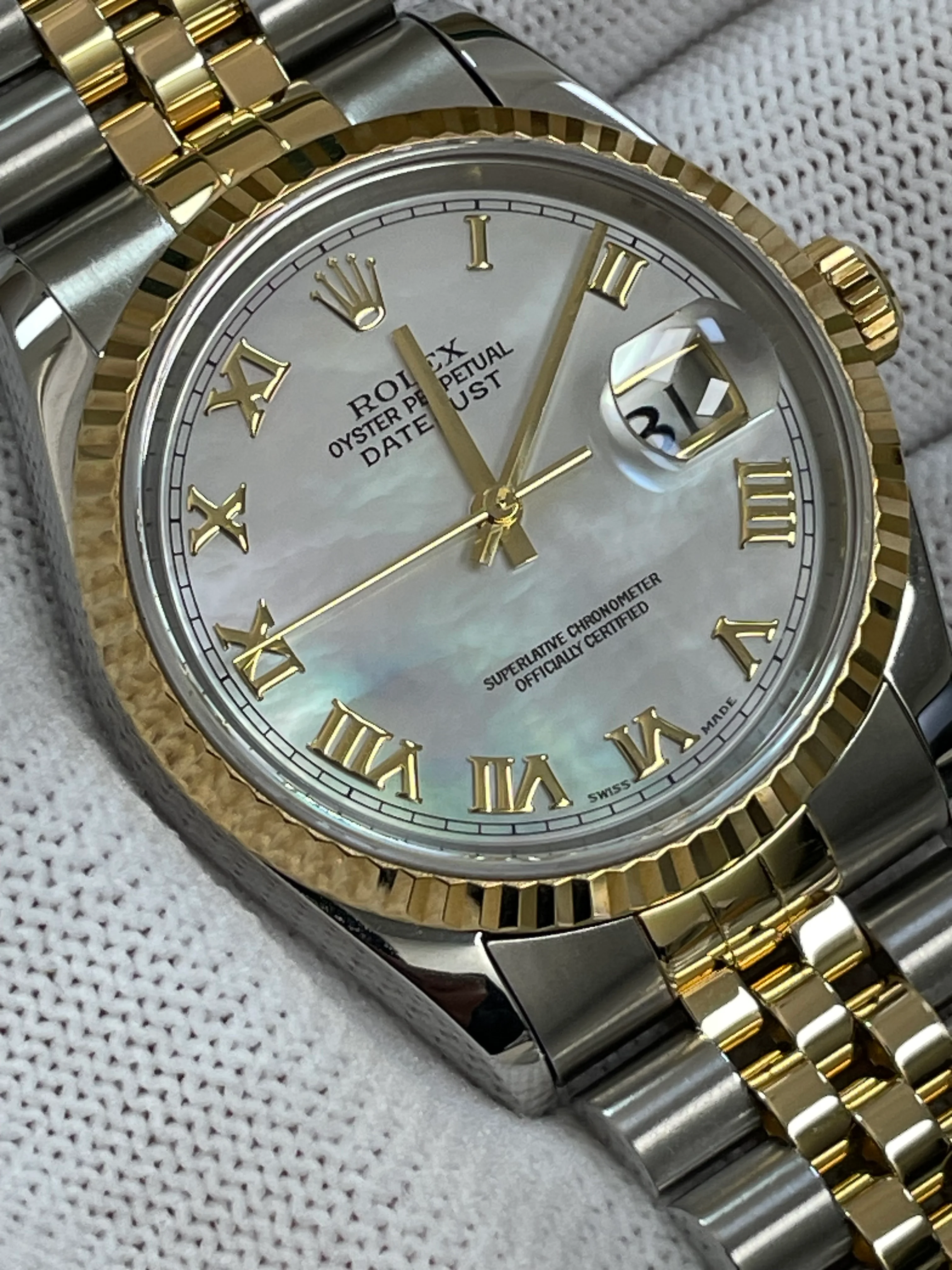 Rolex Steel and Yellow Gold Datejust 36 - U Serial - Fluted Bezel - Mother of Pearl Roman Dial - Jubilee Bracelet - 16233