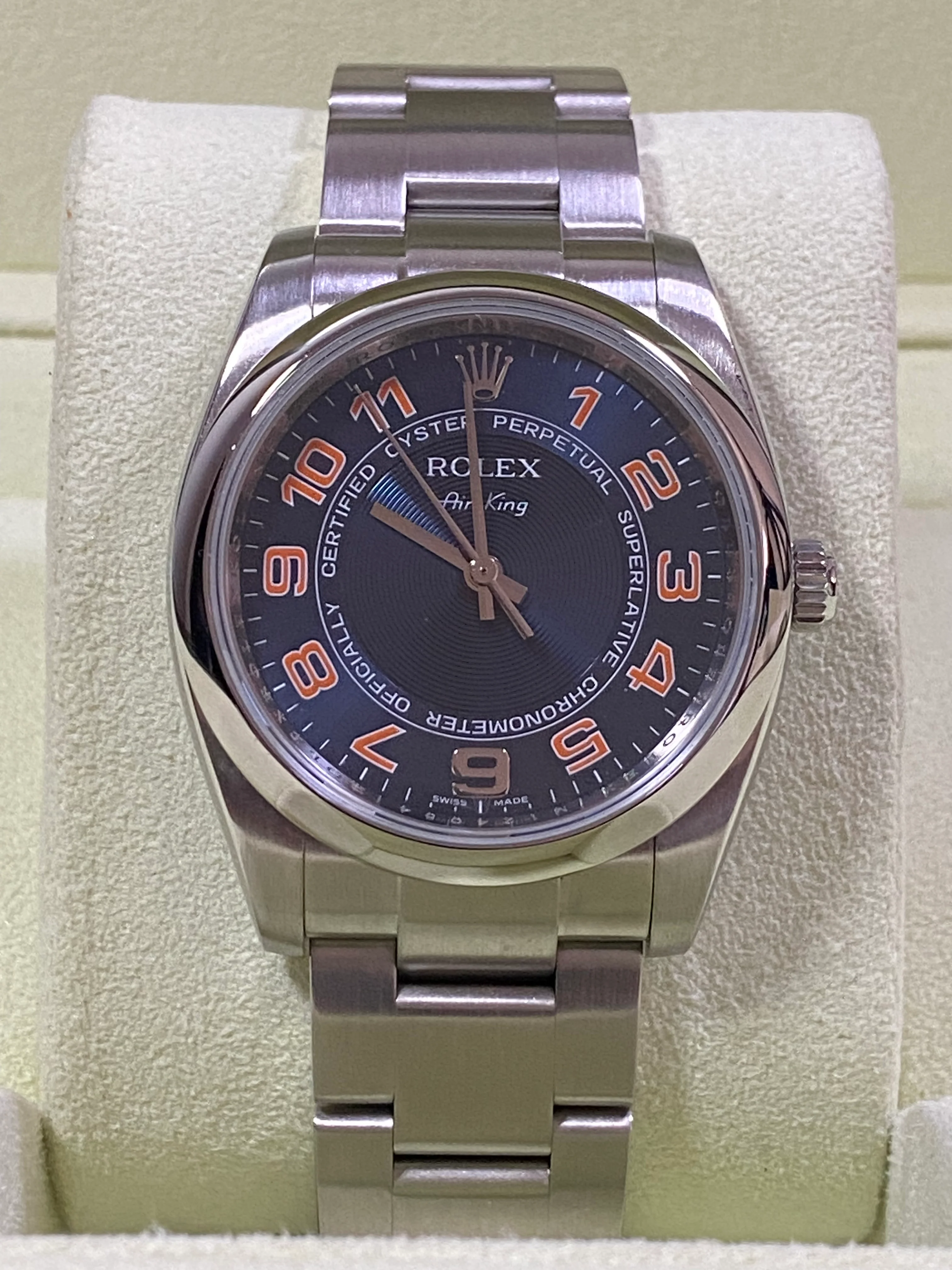 Rolex Air-King  - Domed Bezel - M Serial - Blue Dial - Orange Arabic Numerals - 114200