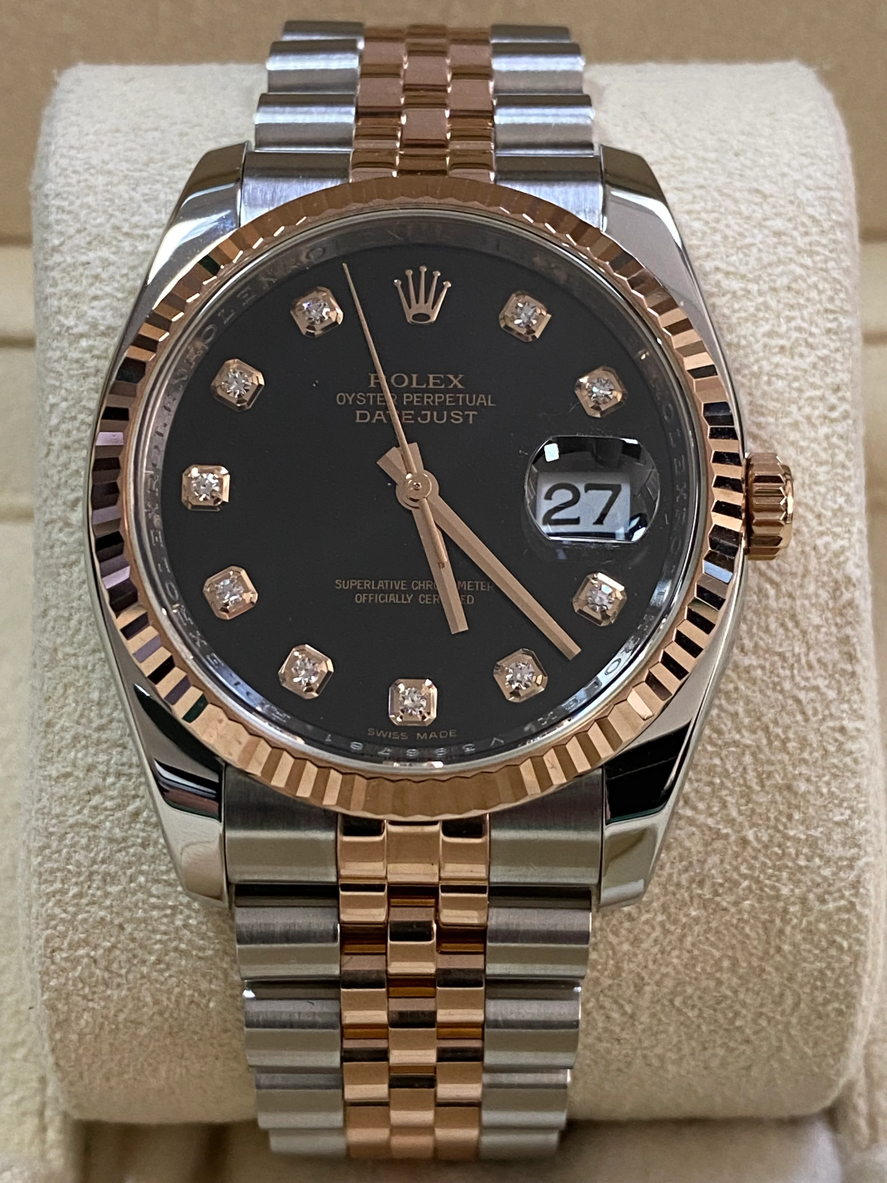 Rolex Steel and Everose Gold Datejust 36 - 2009 - Fluted Bezel - Black Diamond Dial - Jubilee Bracelet - 116231