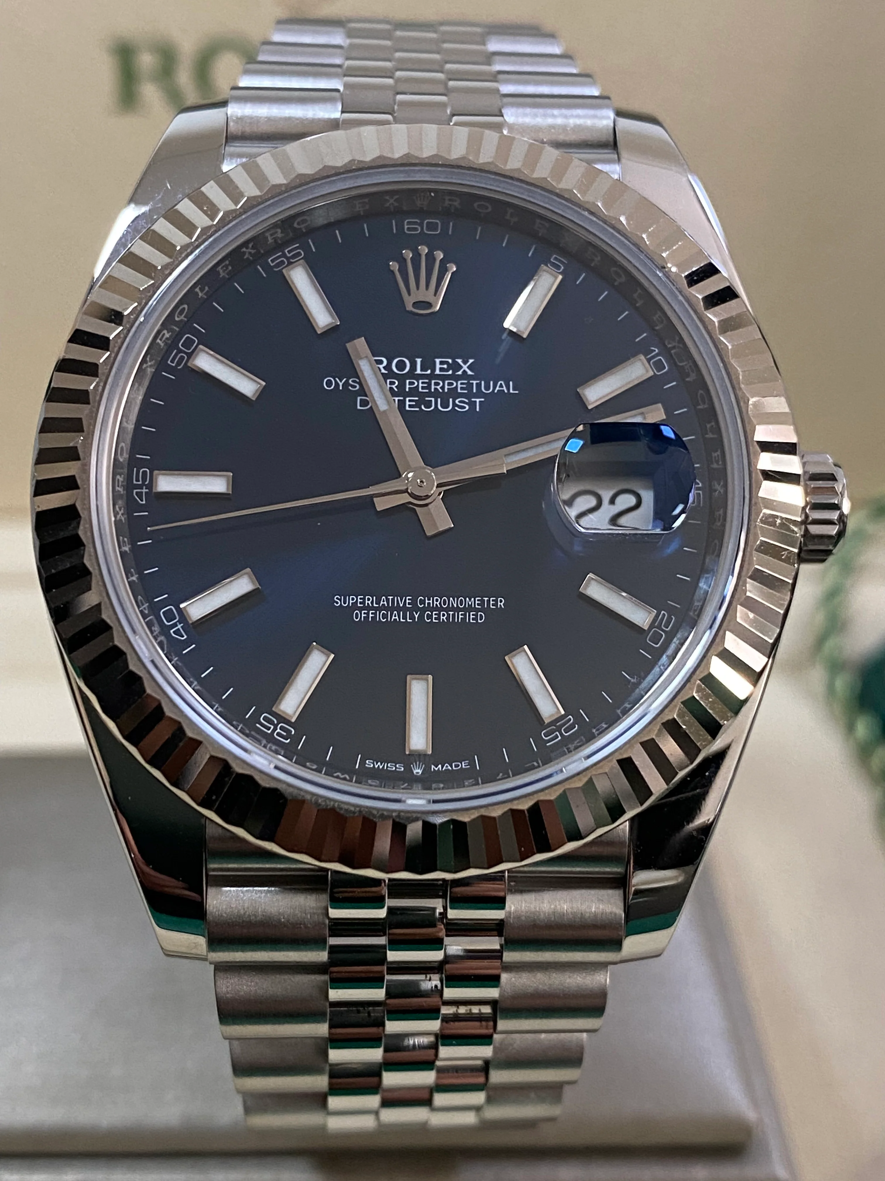 Rolex Steel and White Gold Datejust 41 - 2023 - Fluted Bezel - Blue Index Dial - Jubilee Bracelet - 126334