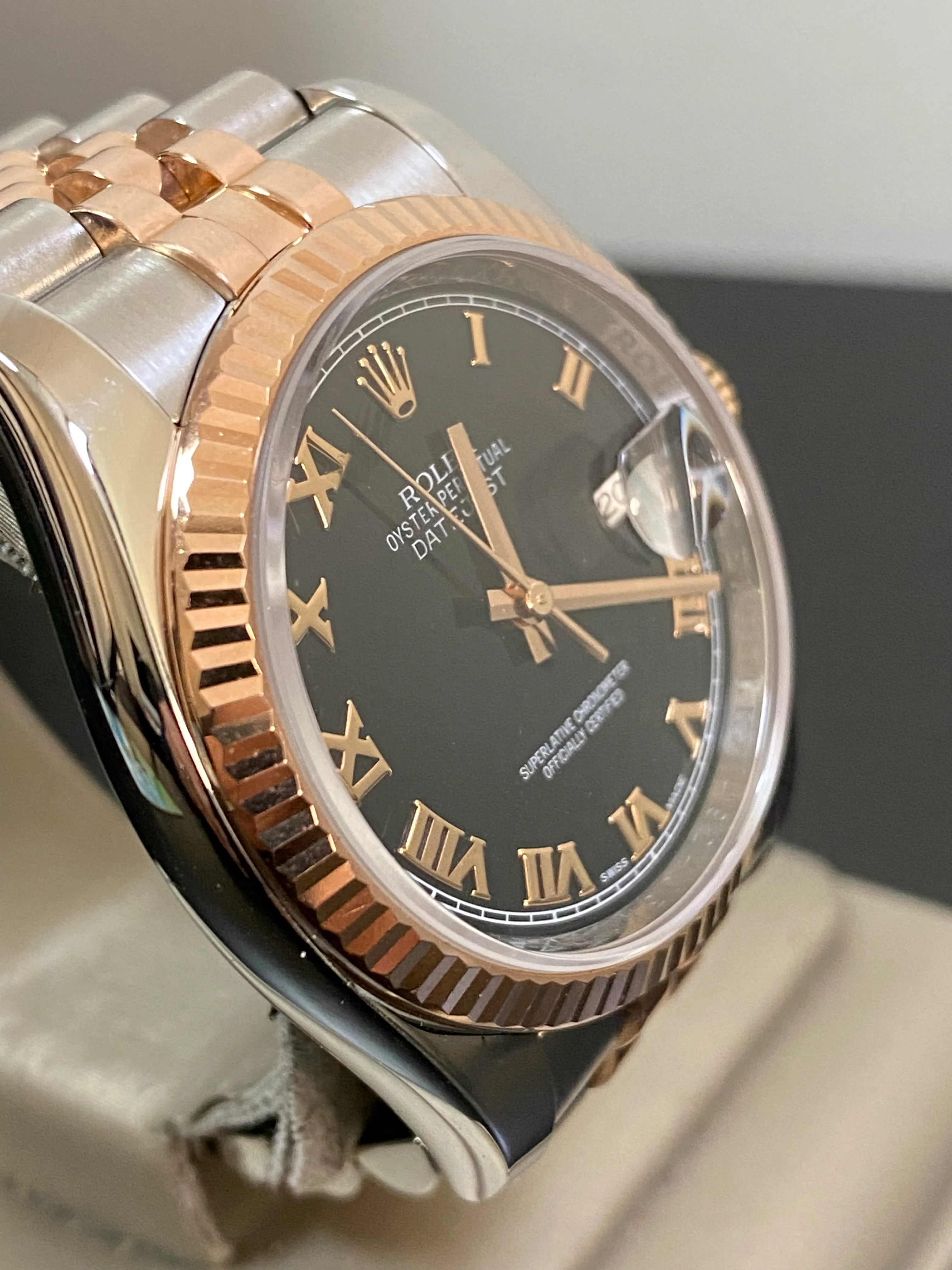 Rolex Steel and Everose Gold Datejust 36 - Fluted Bezel - Black Roman Dial - Jubilee Bracelet - 116231