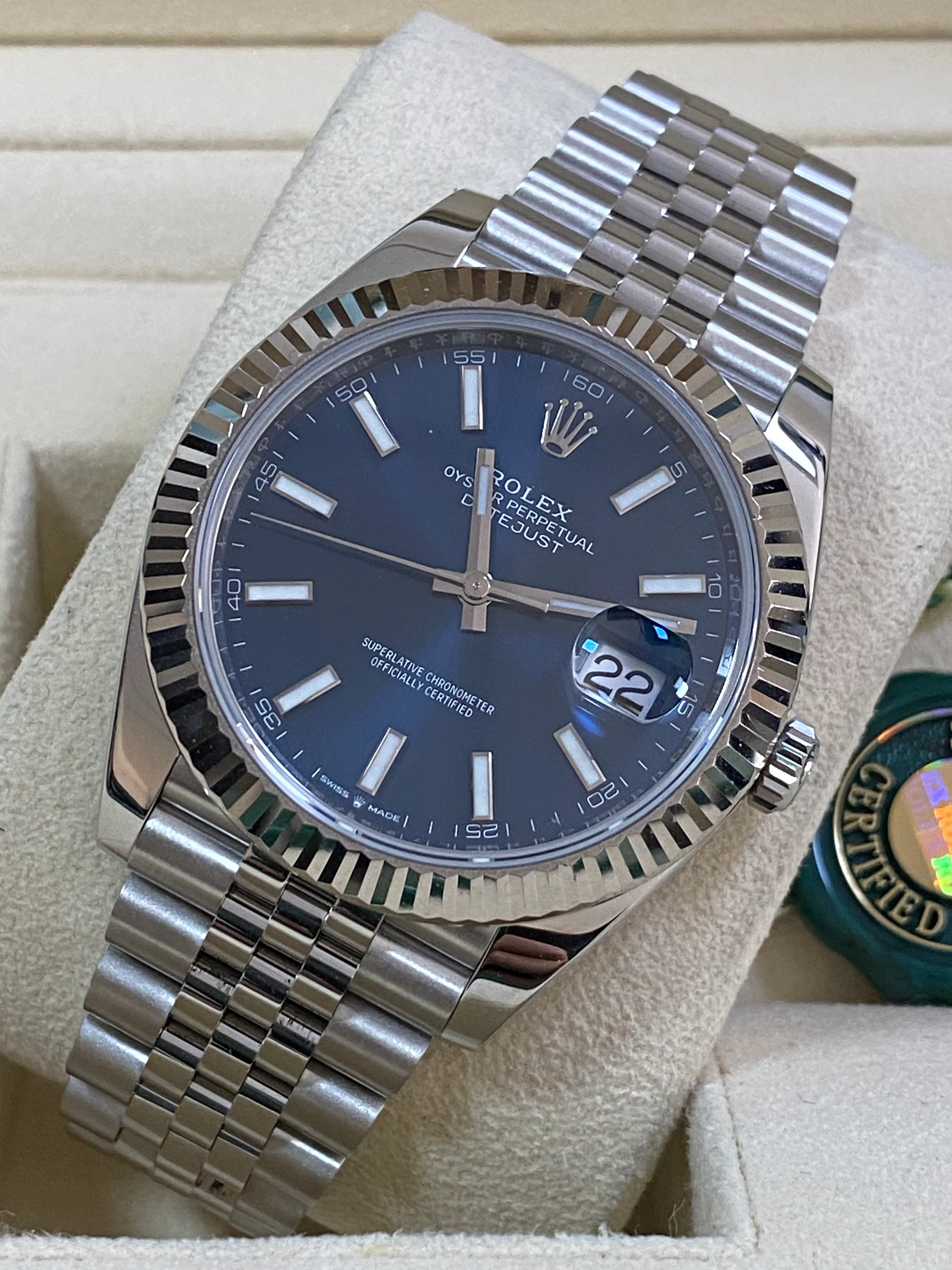 Rolex Steel and White Gold Datejust 41 - 2023 - Fluted Bezel - Blue Index Dial - Jubilee Bracelet - 126334