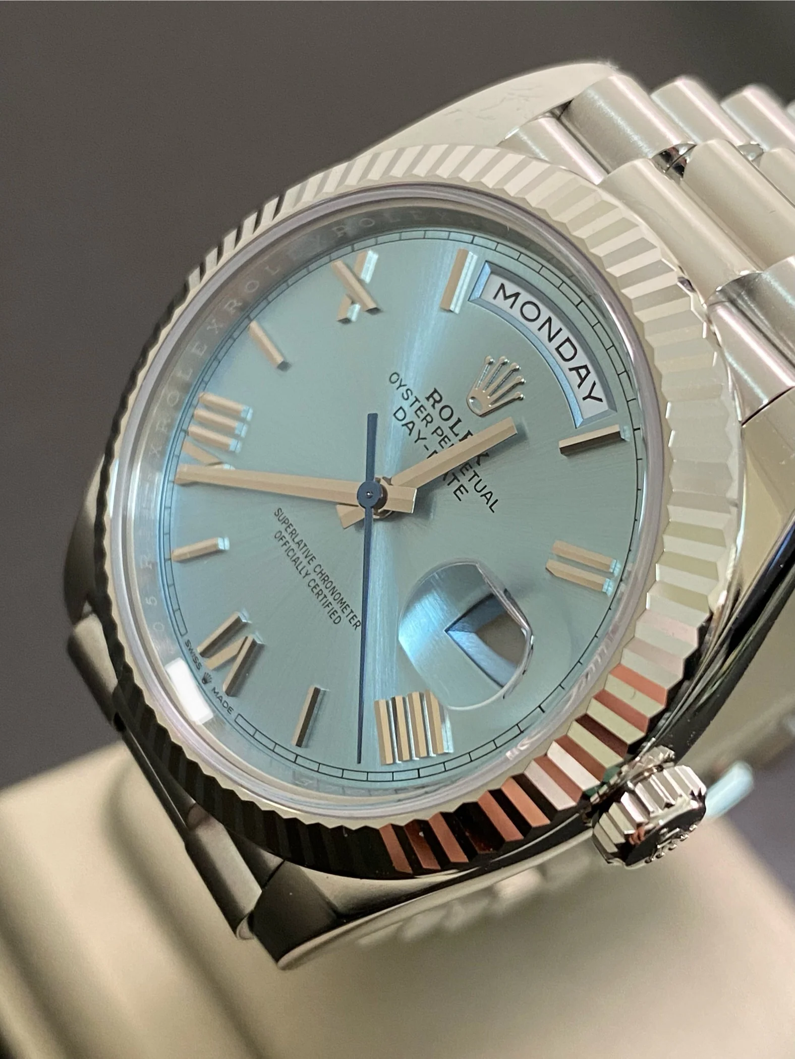 Rolex Platinum Day-Date 40 -  2024 - Fluted Bezel - Ice Blue Roman Dial - President Bracelet - 228236 *FULL SET*