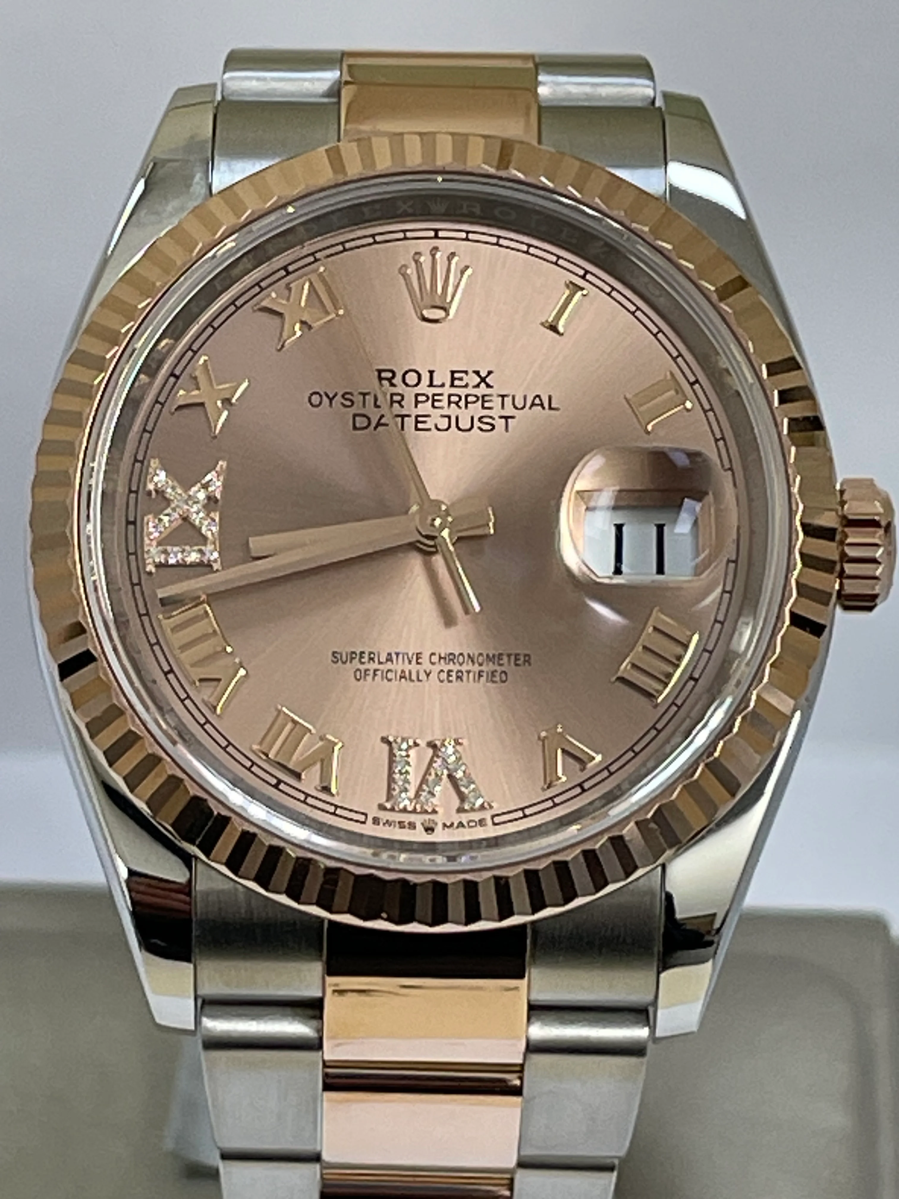 Rolex Steel and Everose Rolesor Datejust 36 - Fluted Bezel - Rose Colour Diamond Set Dial - Oyster Bracelet - 126231
