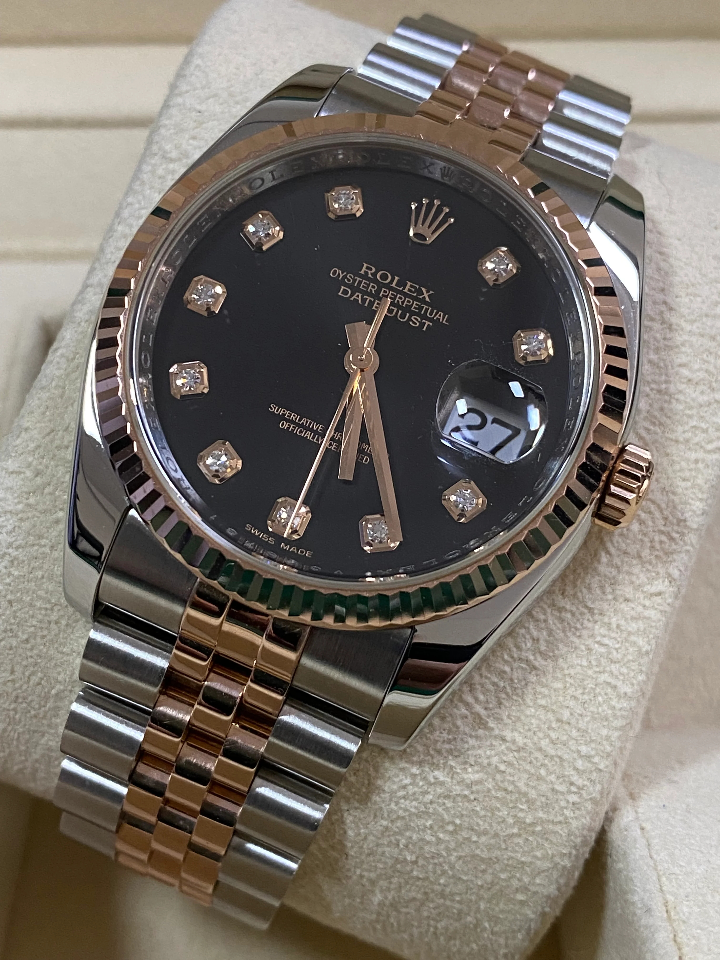 Rolex Steel and Everose Gold Datejust 36 - 2009 - Fluted Bezel - Black Diamond Dial - Jubilee Bracelet - 116231