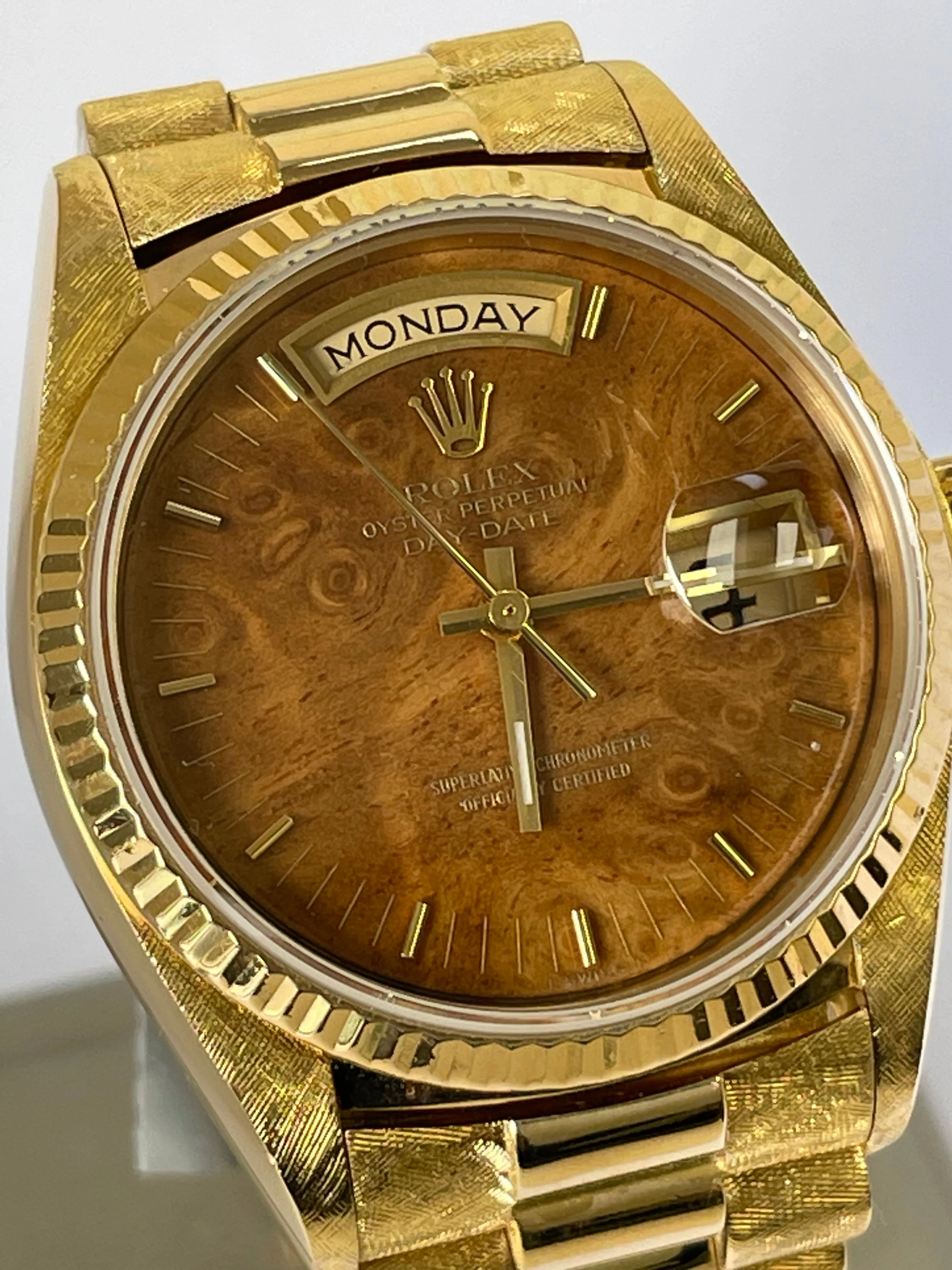 Rolex Yellow Gold Day-Date 36 - Fluted Bezel - Factory Wood Dial - President Bracelet - 18038