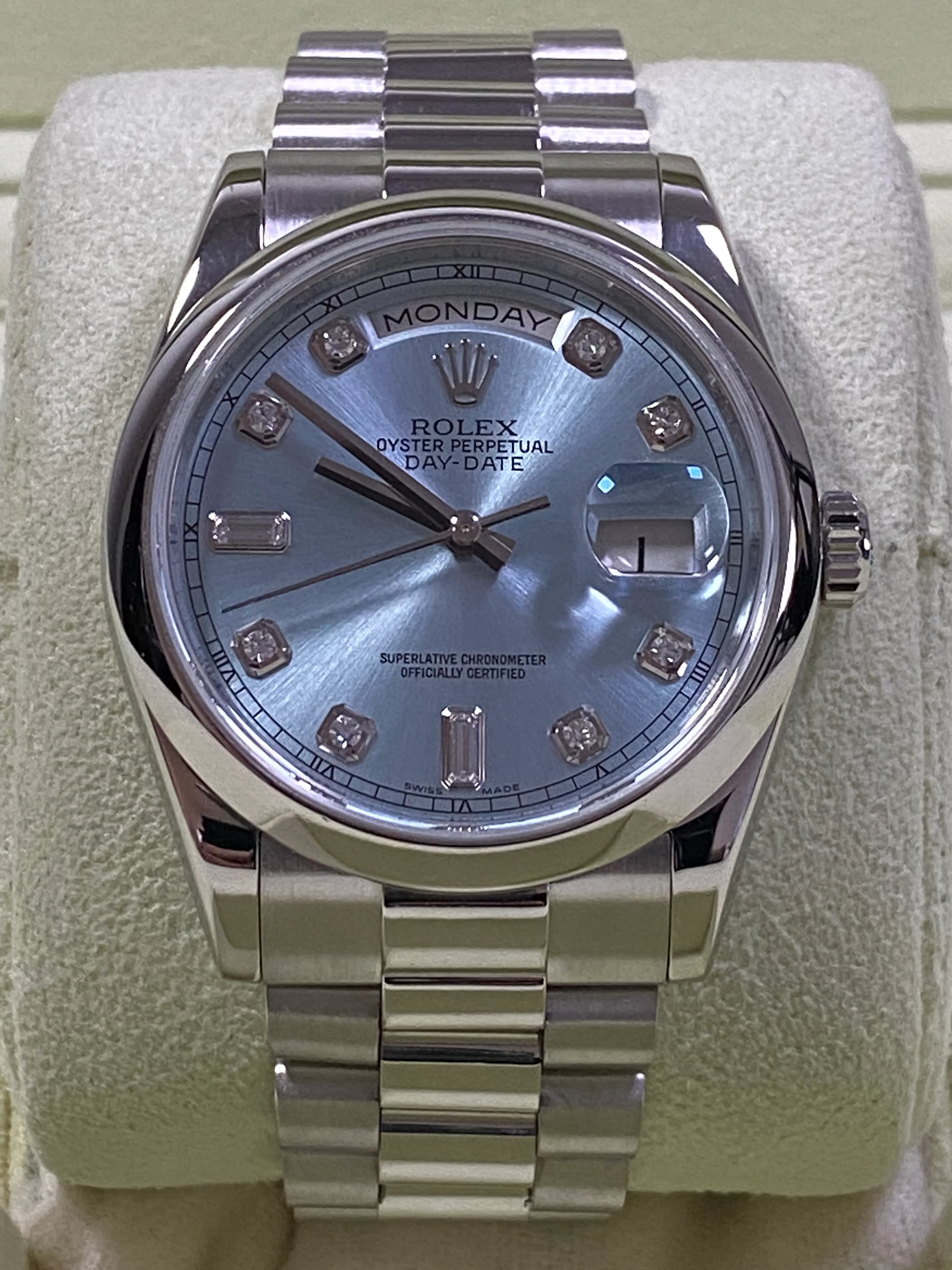 Rolex Platinum Day-Date 36 - G Serial - Domed Bezel - Ice Blue Diamond Dial - President Bracelet - 118206