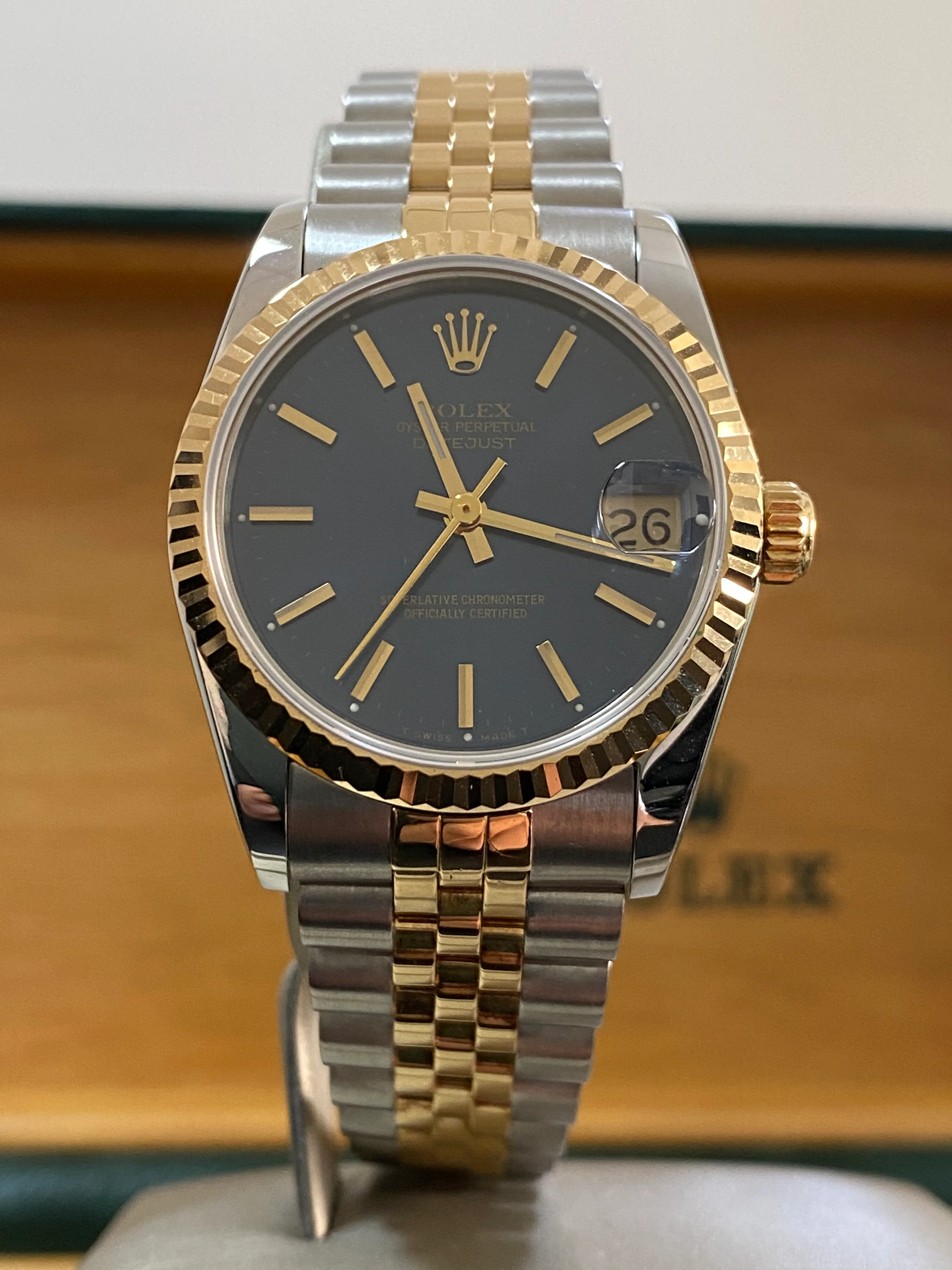 Rolex Steel and Yellow Gold Datejust 31 - R serial - Fluted Bezel - Blue Index Dial - Jubilee Bracelet - 68273
