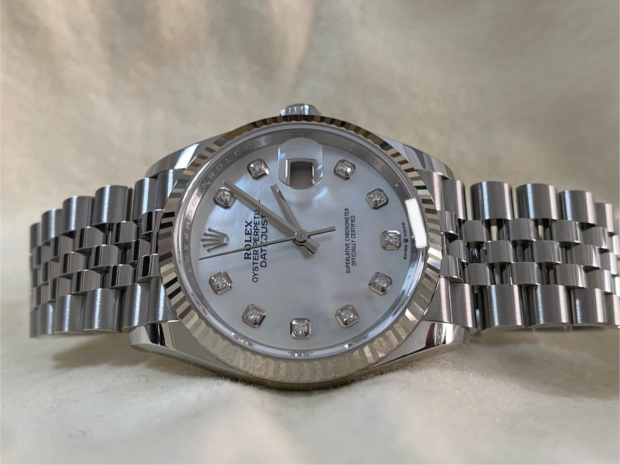 Rolex Steel Datejust 36 - 2024 - Fluted Bezel - Mother-of-Pearl Diamond Dial - Jubilee Bracelet - 126234 *FULL SET*