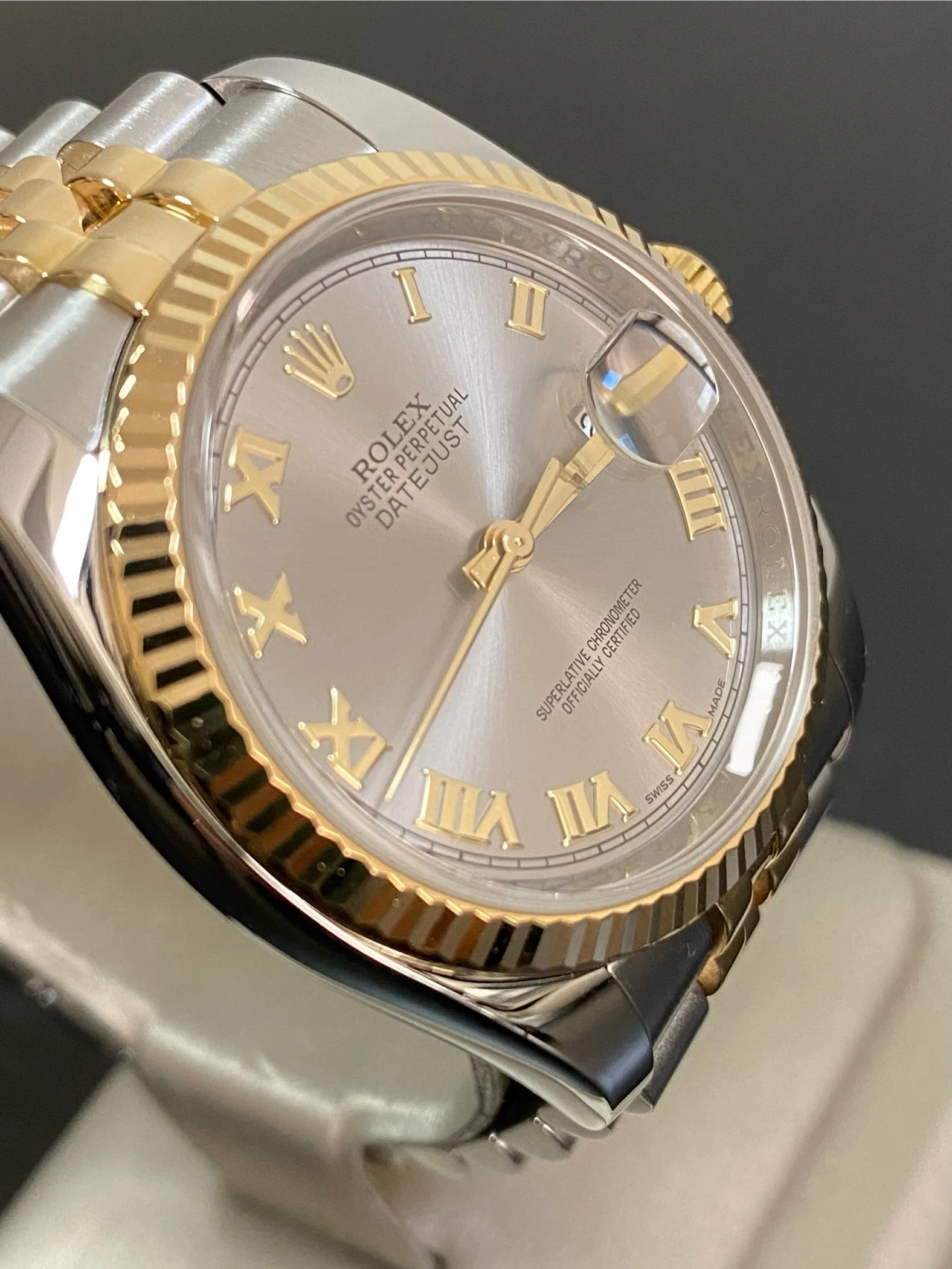 Rolex Steel and Yellow Gold Datejust 36 - 2014 - Fluted Bezel - Slate Grey Roman Dial - Jubilee Bracelet - 116233 *FULL SET*
