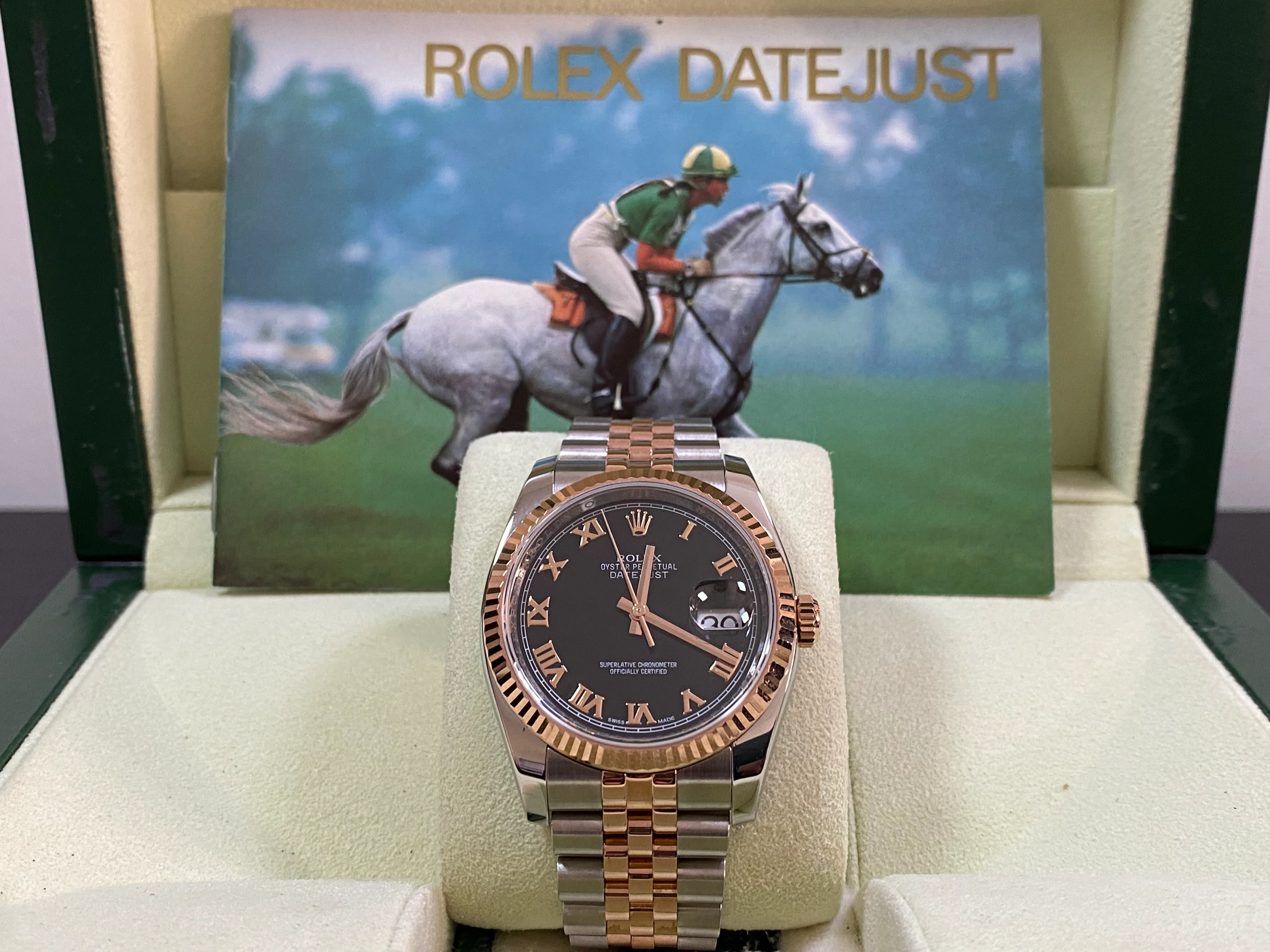 Rolex Steel and Everose Gold Datejust 36 - Fluted Bezel - Black Roman Dial - Jubilee Bracelet - 116231
