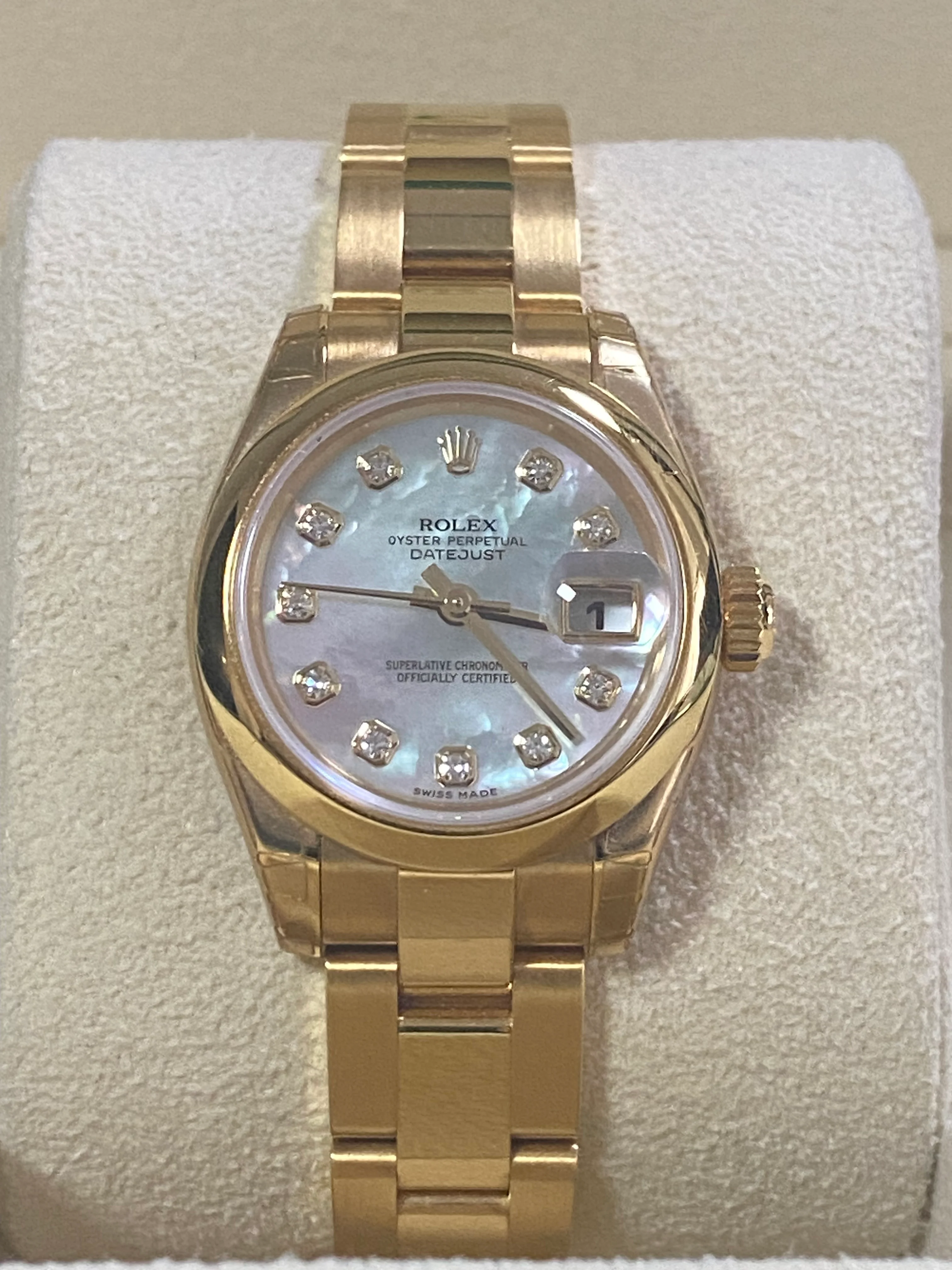 Rolex Yellow Gold Lady-Datejust - Y Serial - Smooth Bezel - Mother of Pearl Diamond Dial - Oyster Bracelet - 179168