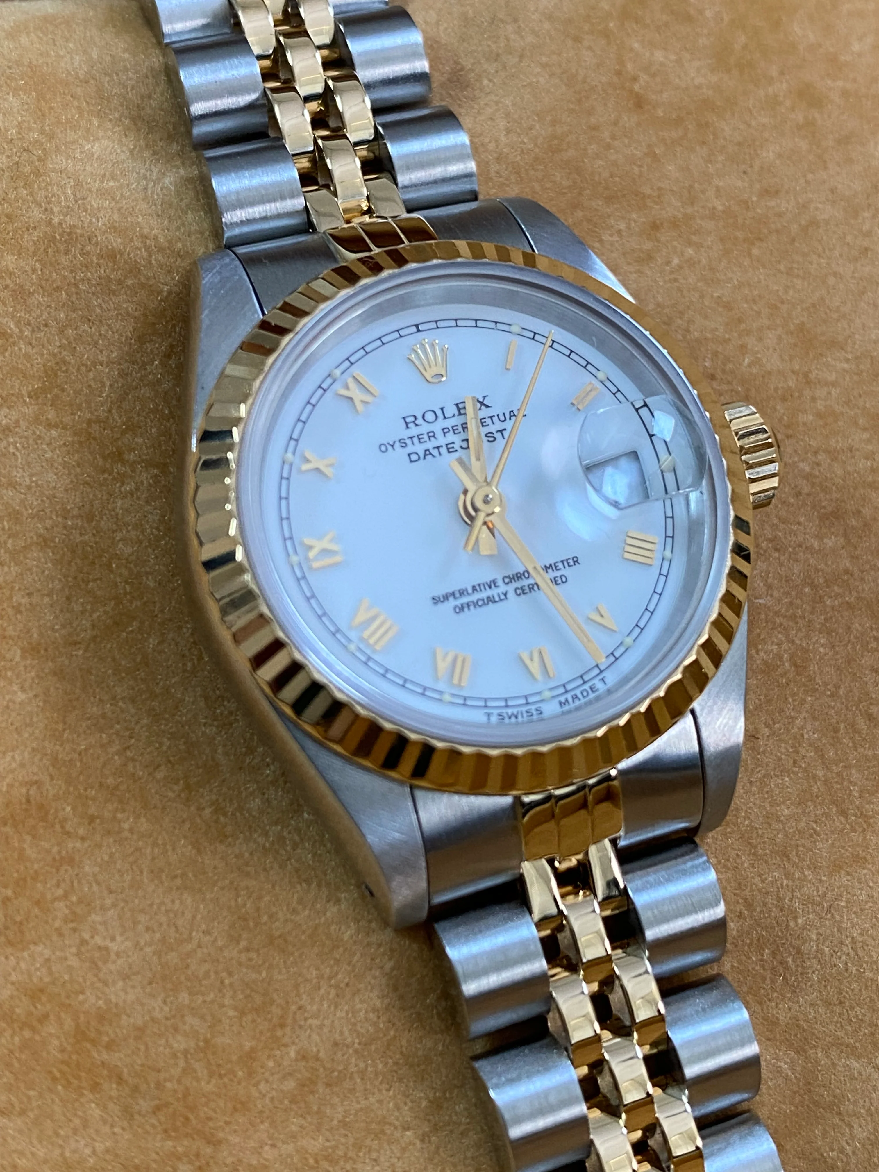 Rolex Steel and Yellow Gold Lady-Datejust - X serial - Fluted Bezel - White Roman Dial - Jubilee Bracelet - 69173 *COMPLETE SET*