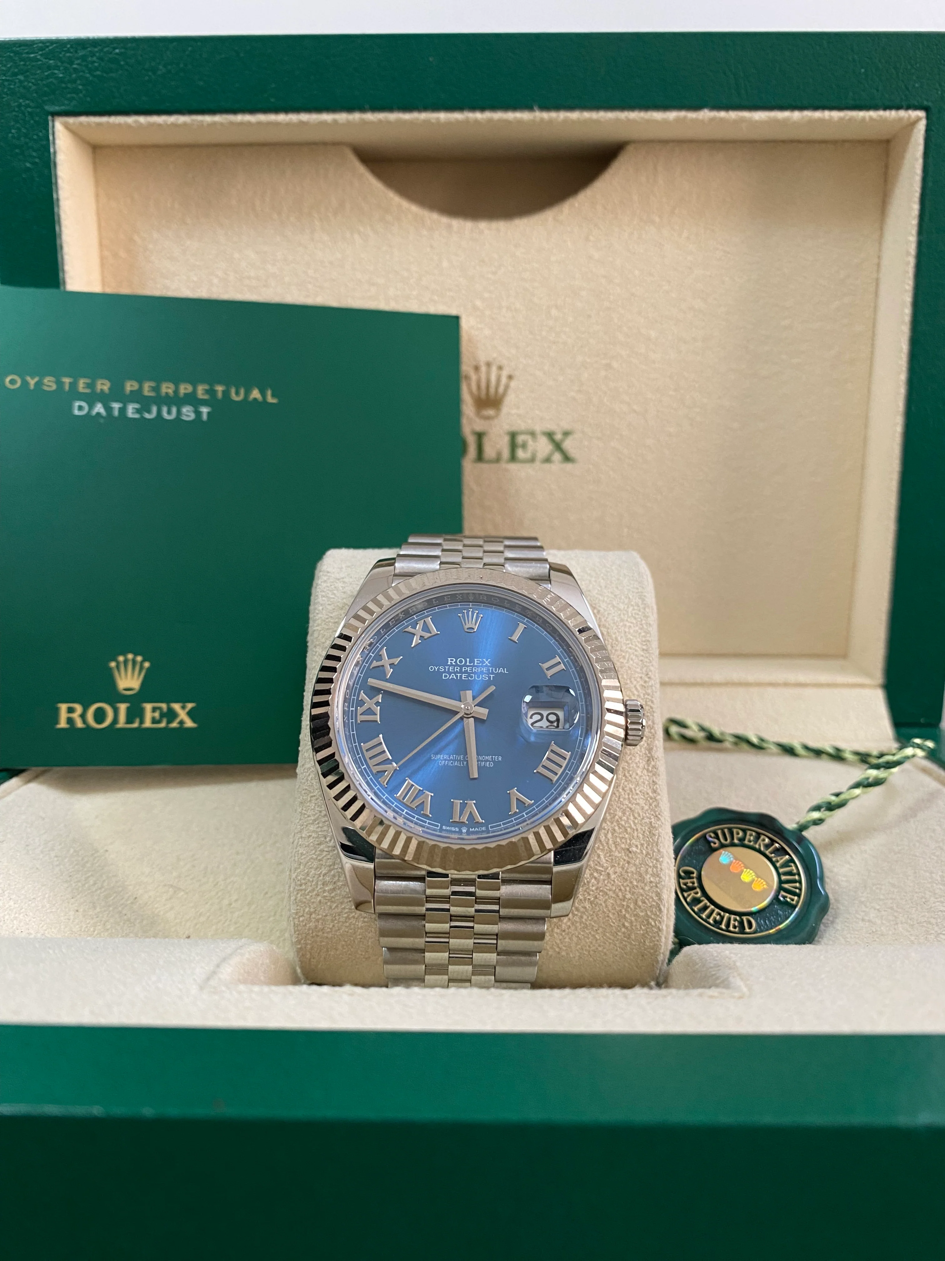 Rolex Steel and White Gold Datejust 41 - Fluted Bezel - Bright Blue Roman Dial - Jubilee Bracelet - 126334