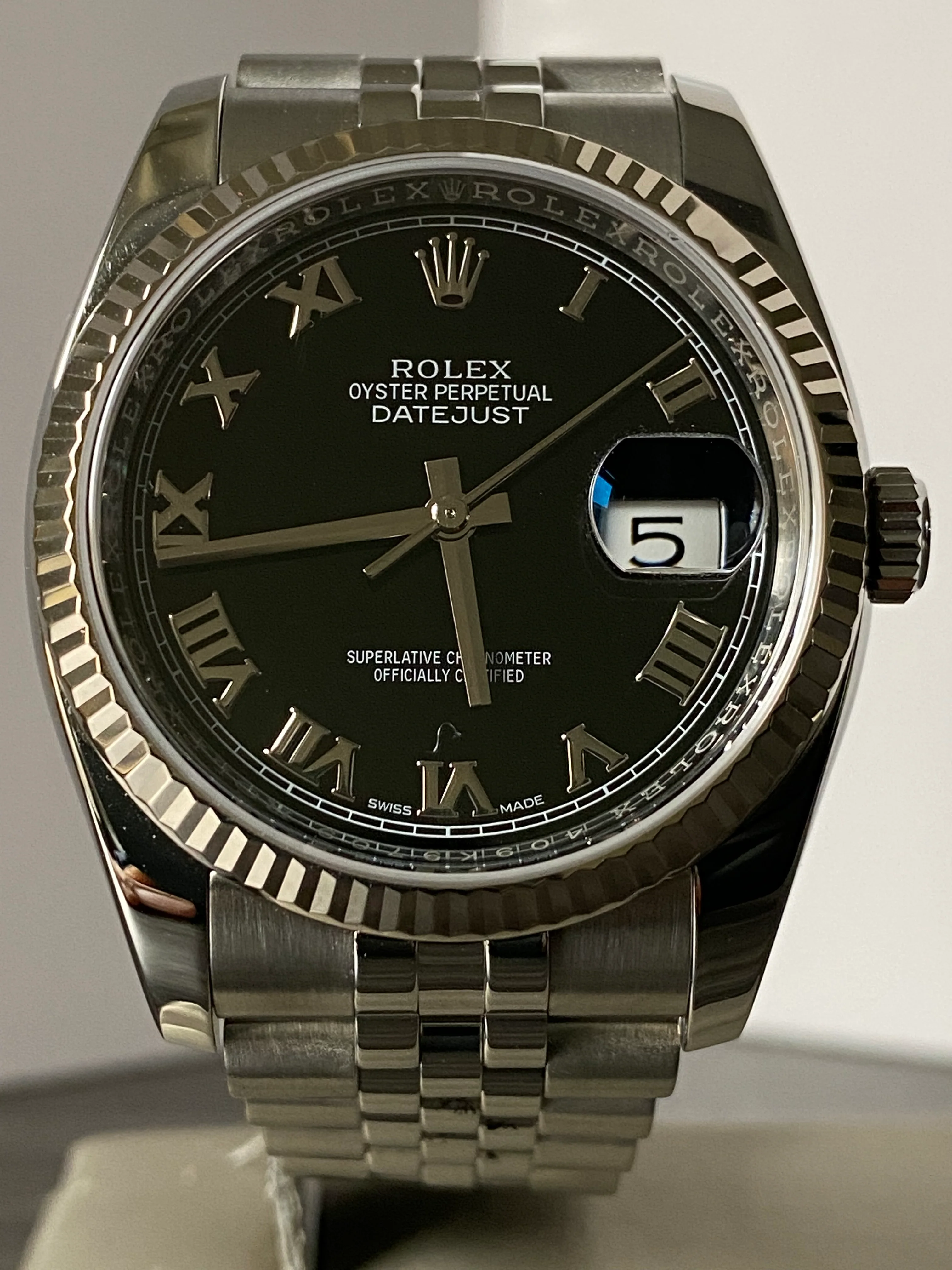 Rolex Steel Datejust 36 - 2019 - Fluted Bezel - Black Roman Dial - Jubilee Bracelet - 116234