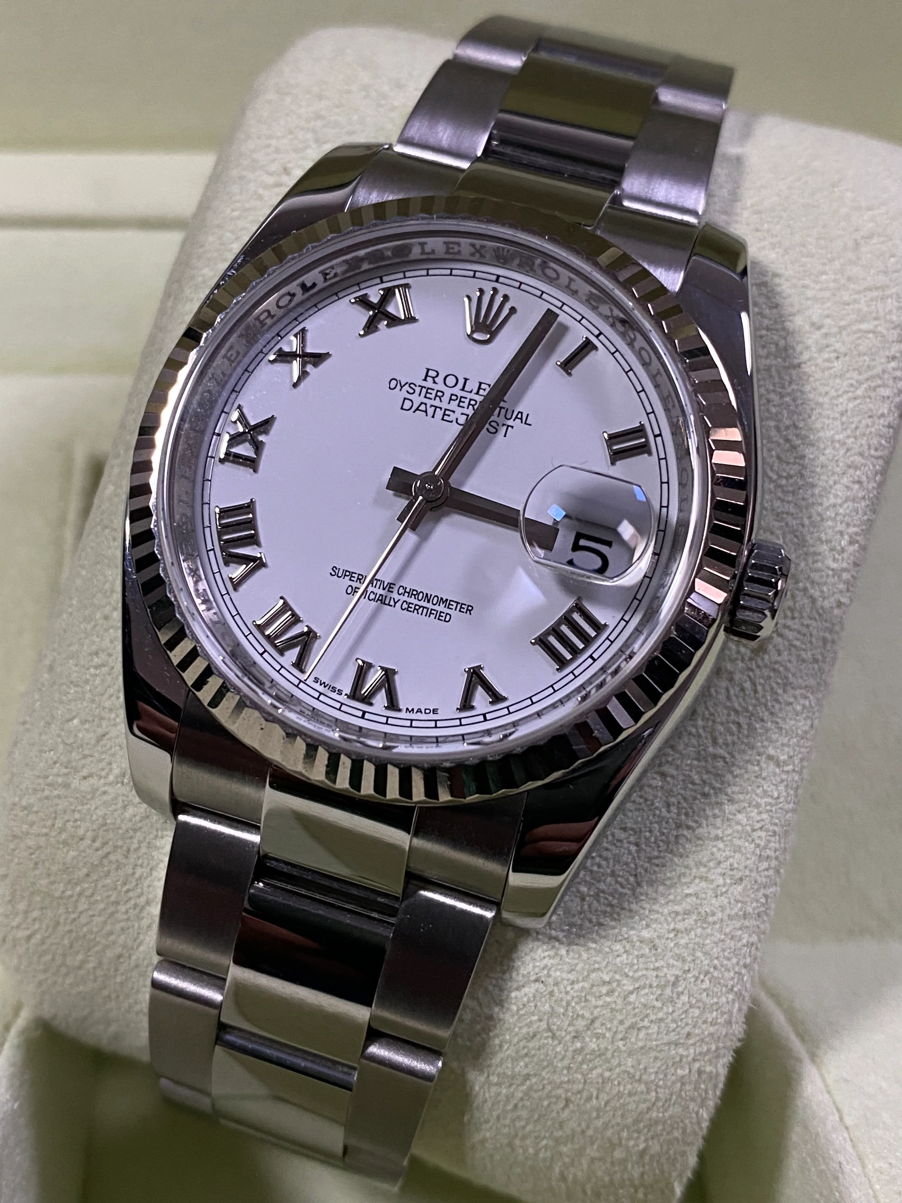 Rolex Steel Datejust 36 - Fluted Bezel - White Roman Dial - Oyster Bracelet - 116234