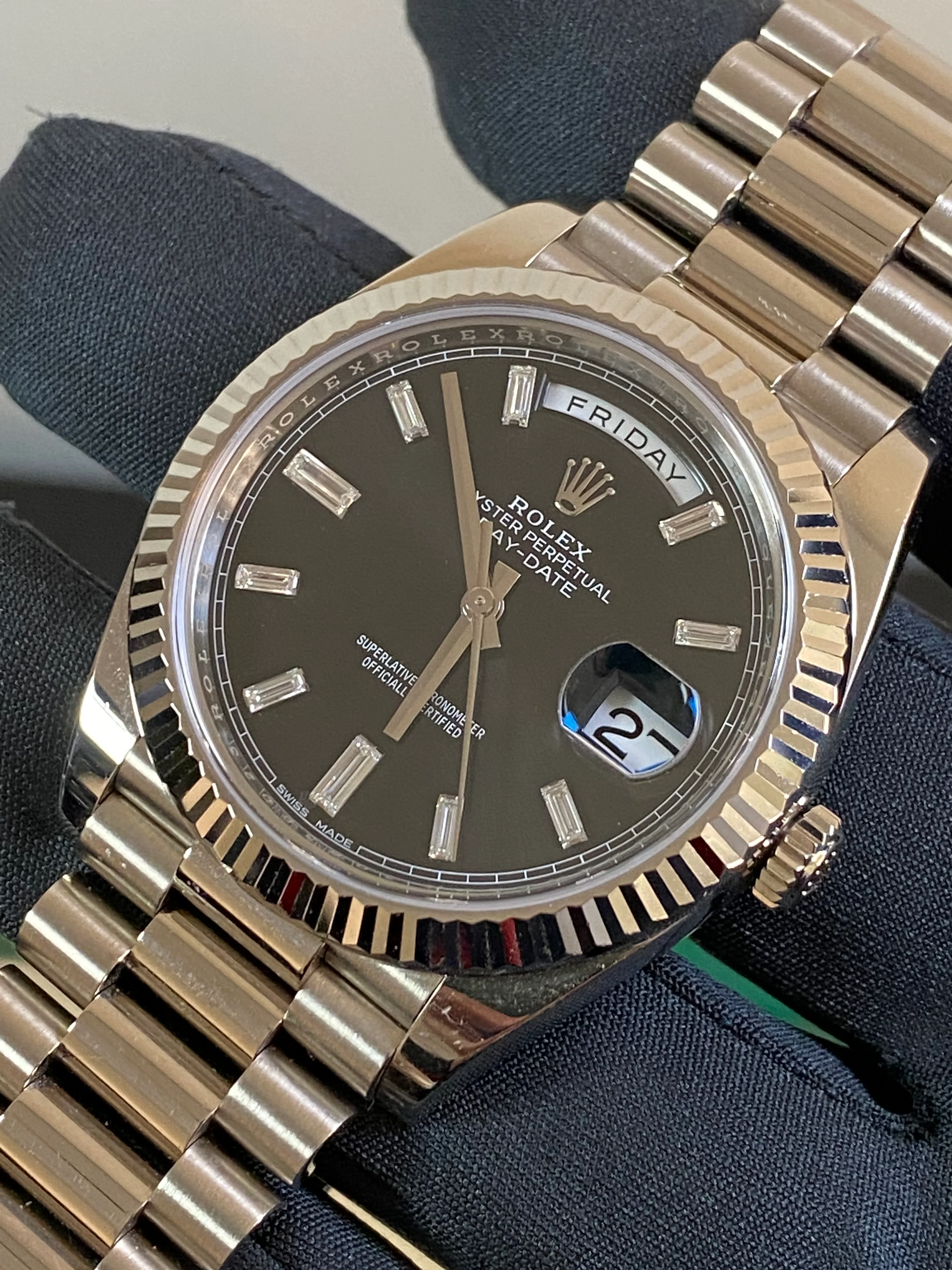 Rolex White Gold Day-Date 40 - 2021 - Fluted Bezel - Black Baguette Diamond Dial - President Bracelet - 228239