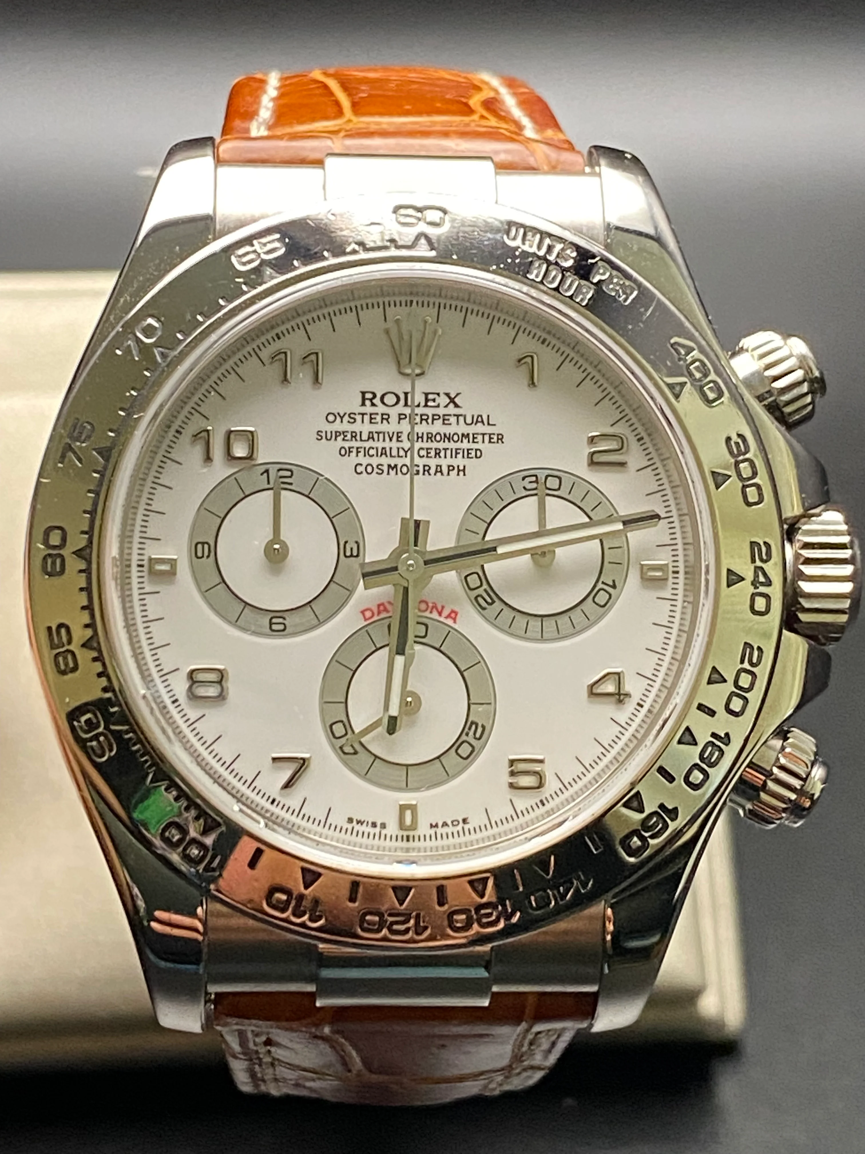 Rolex White Gold Cosmograph Daytona - White Dial - Brown Leather Strap - 116519