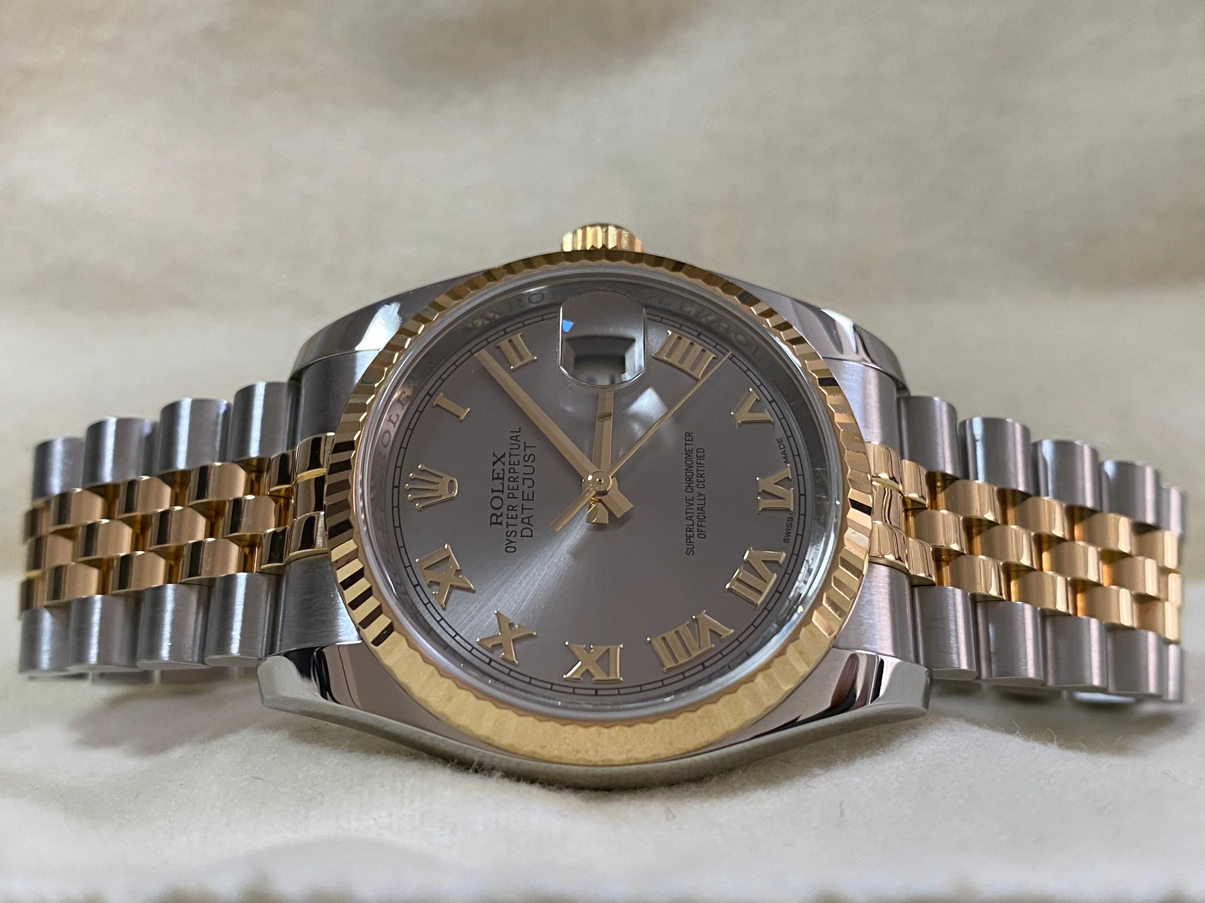Rolex Steel and Yellow Gold Datejust 36 - 2014 - Fluted Bezel - Slate Grey Roman Dial - Jubilee Bracelet - 116233 *FULL SET*