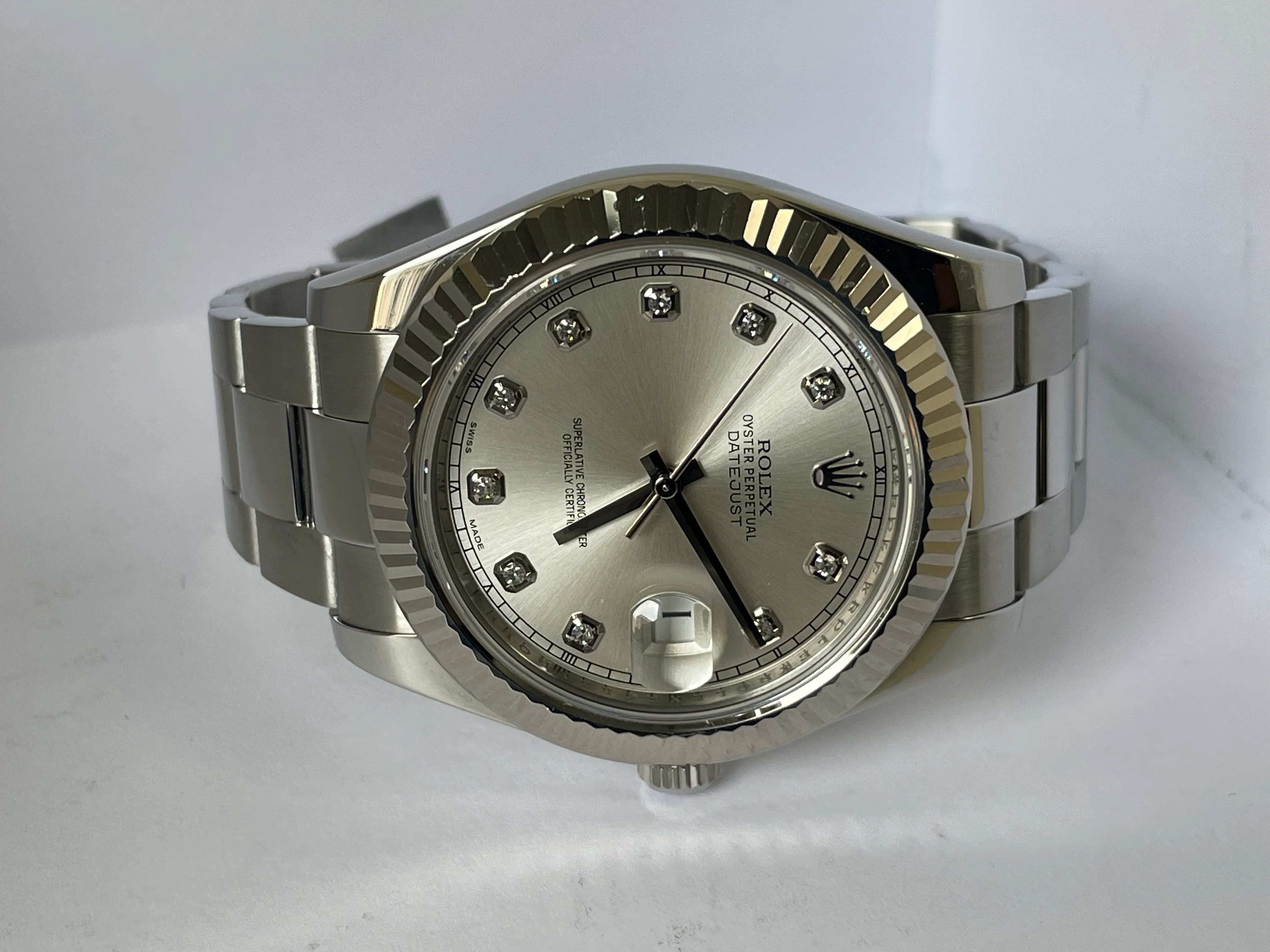 Rolex Steel Datejust II - 2010 - Fluted Bezel - Silver Diamond Dial - Oyster Bracelet - 116334