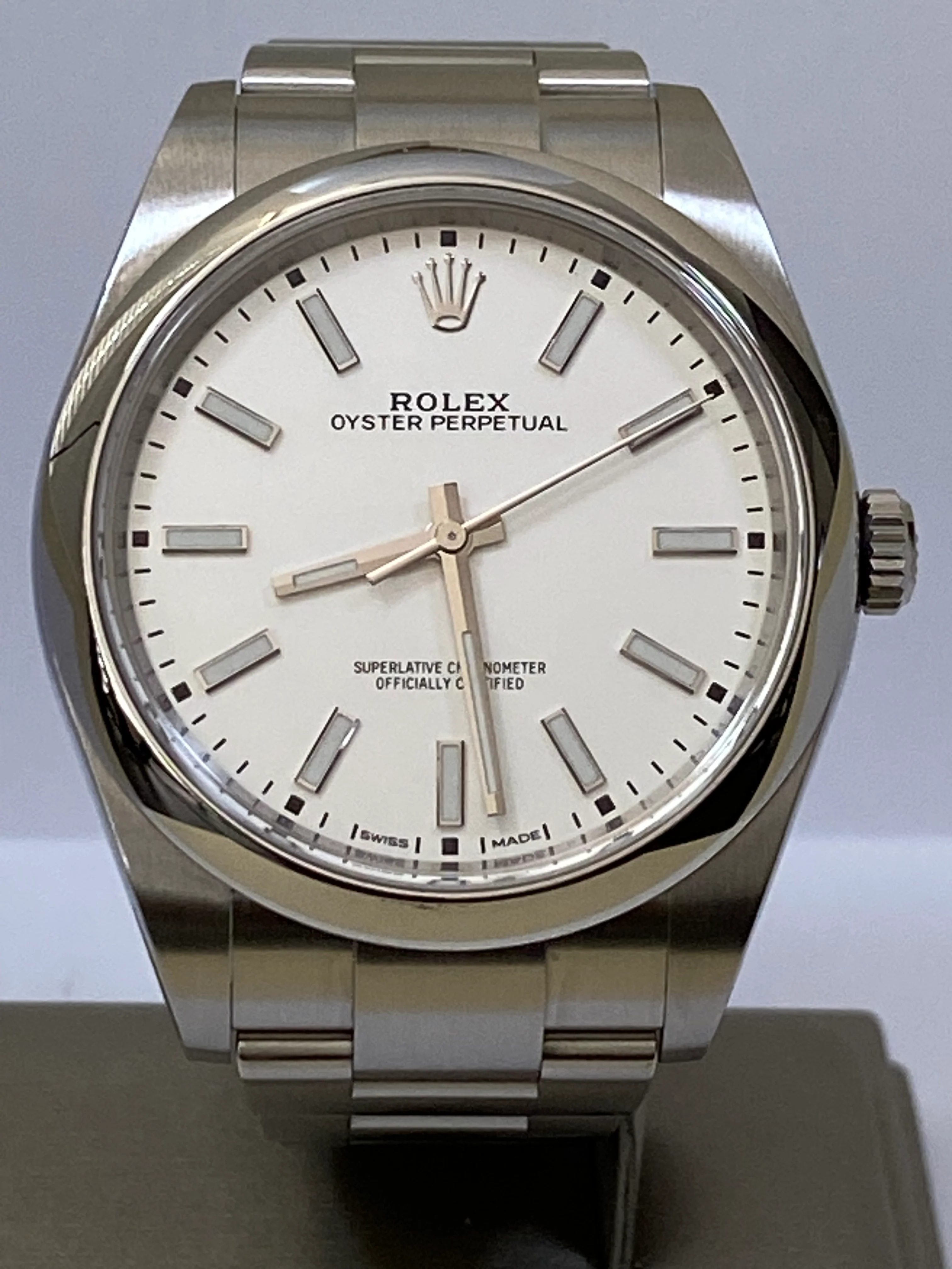 Rolex Steel Oyster Perpetual 39 - 2020 - Domed Bezel - White Index Dial - 114300 NEW STYLE WARRANTY CARD