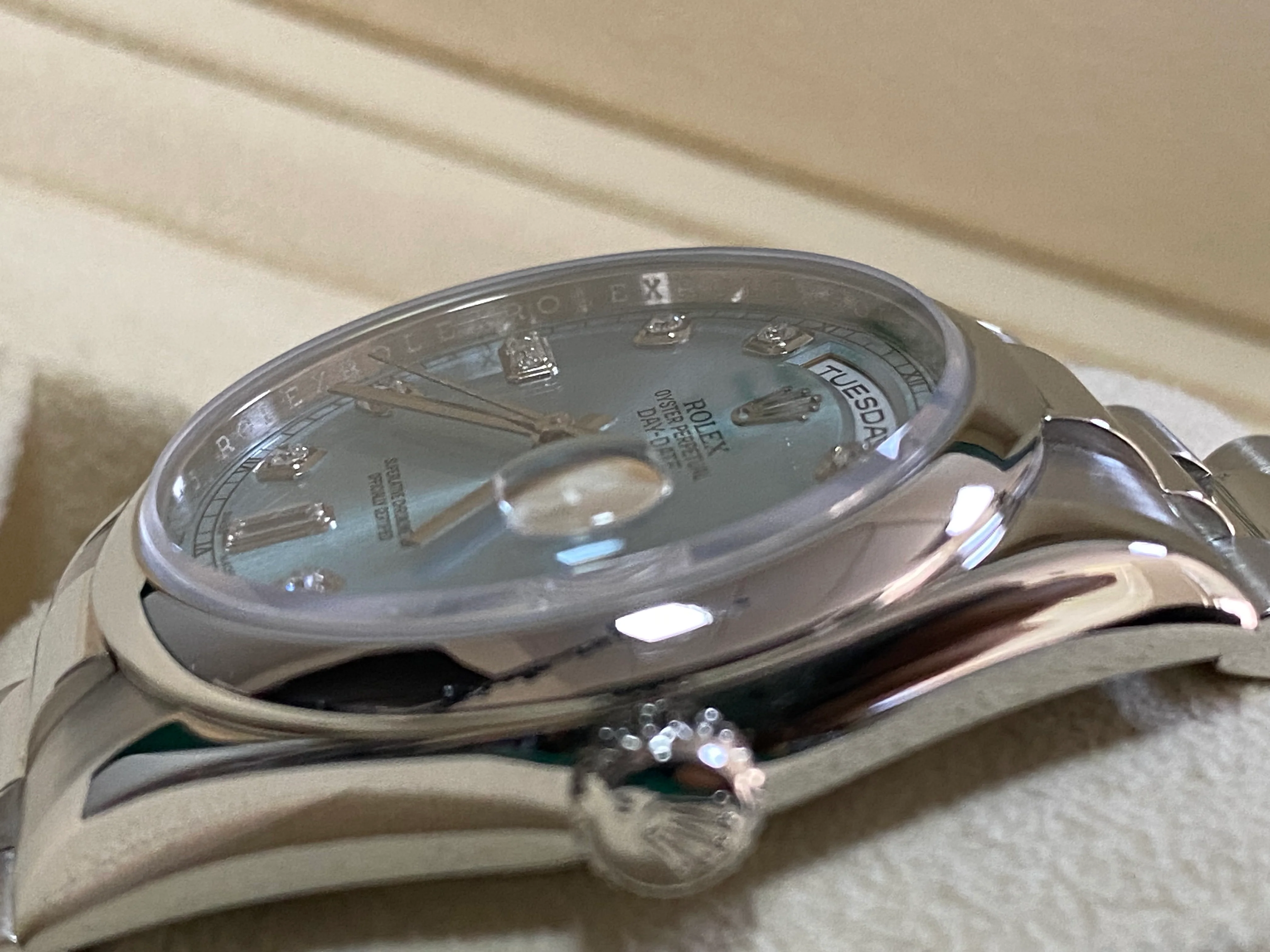 Rolex Platinum Day-Date 36 - M Serial - Domed Bezel - Ice Blue Diamond Dial - President Bracelet - 118206