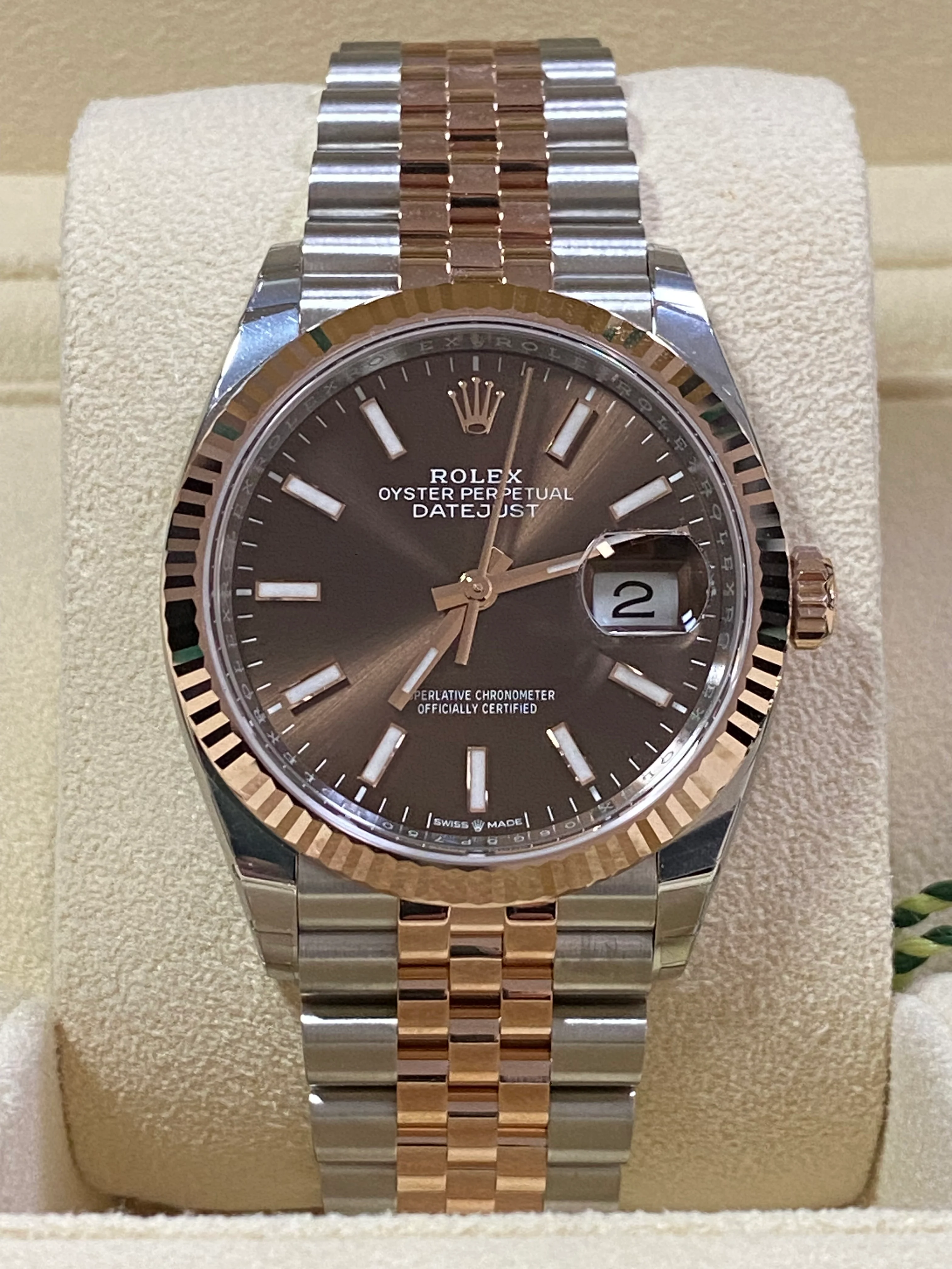 Rolex Steel and Everose Gold Datejust 36 - 2023 - Fluted Bezel - Chocolate Index Dial - Jubilee Bracelet - 126231
