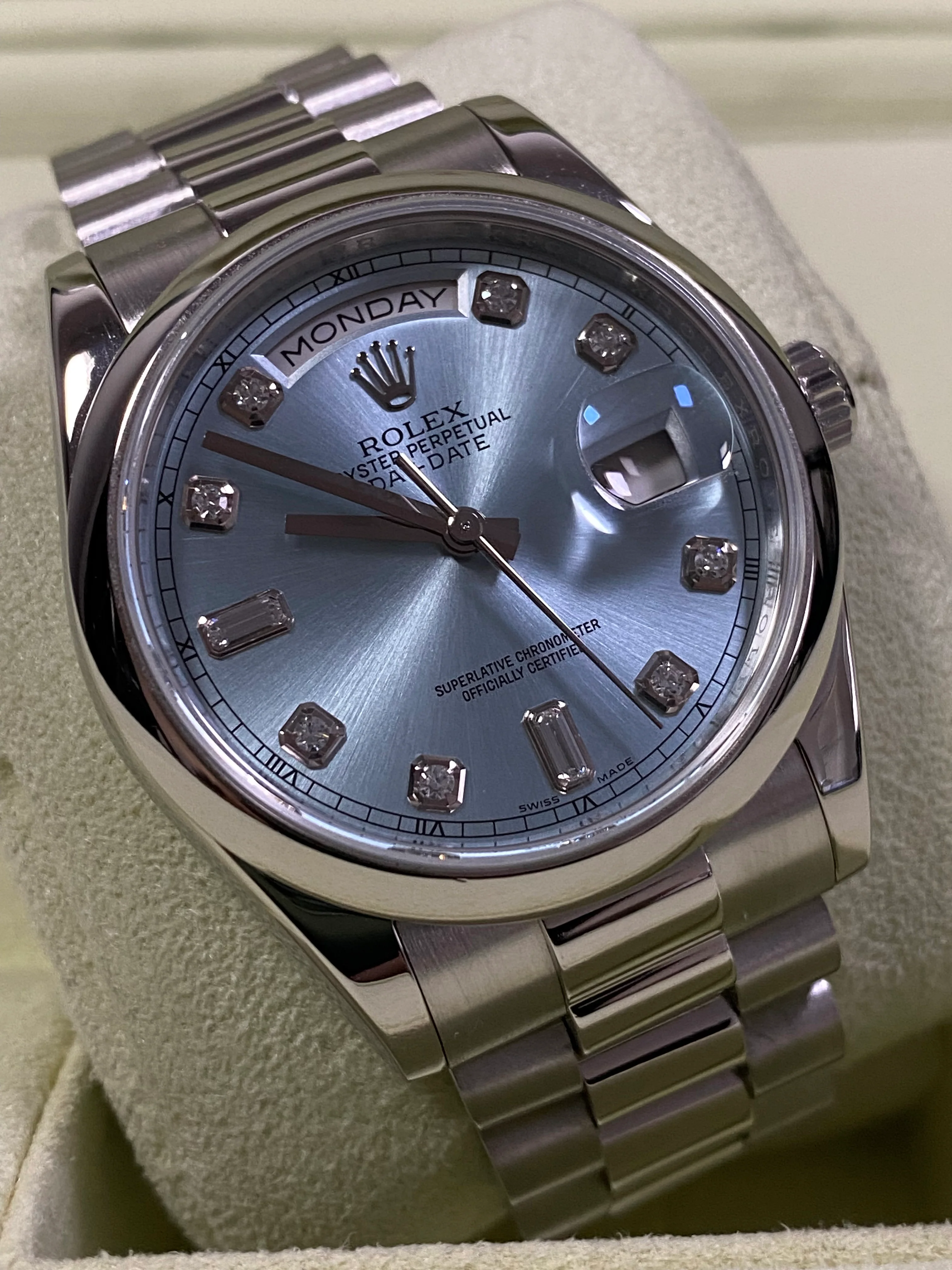 Rolex Platinum Day-Date 36 - G Serial - Domed Bezel - Ice Blue Diamond Dial - President Bracelet - 118206