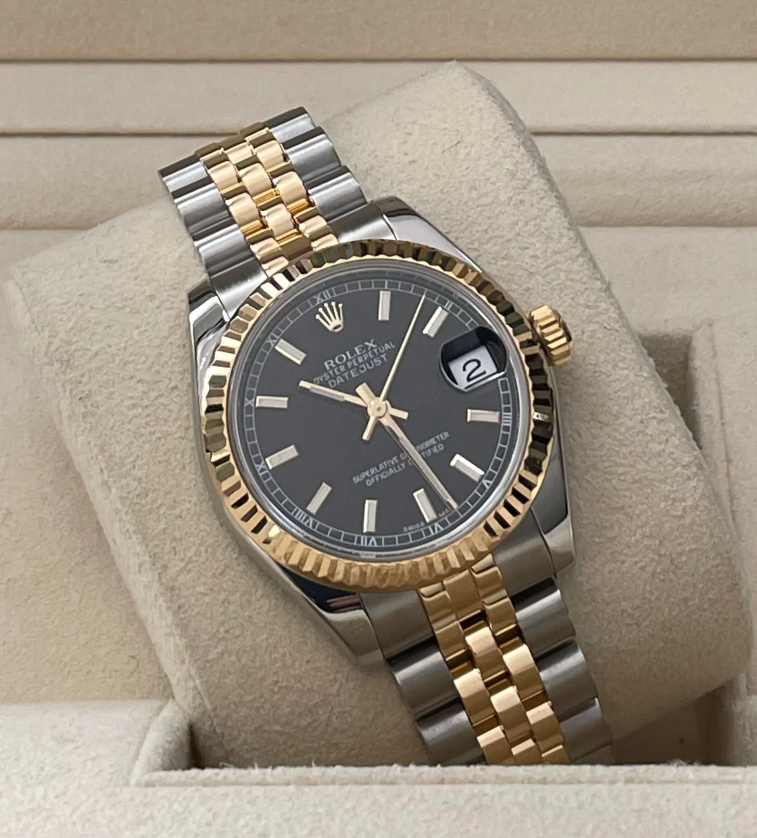 Rolex Steel and Yellow Gold Datejust 31 - 2016 - Fluted Bezel - Black Index Dial - Jubilee Bracelet - 178273