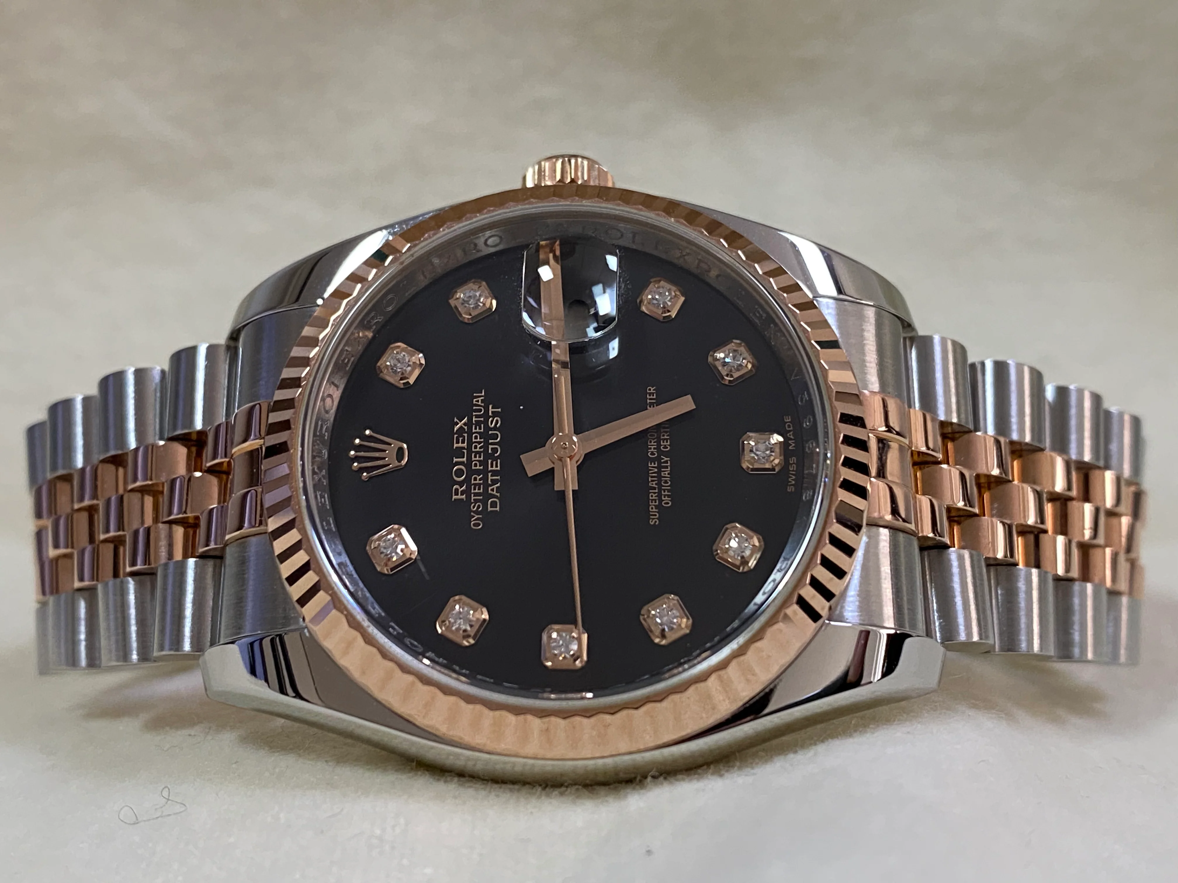 Rolex Steel and Everose Gold Datejust 36 - 2009 - Fluted Bezel - Black Diamond Dial - Jubilee Bracelet - 116231