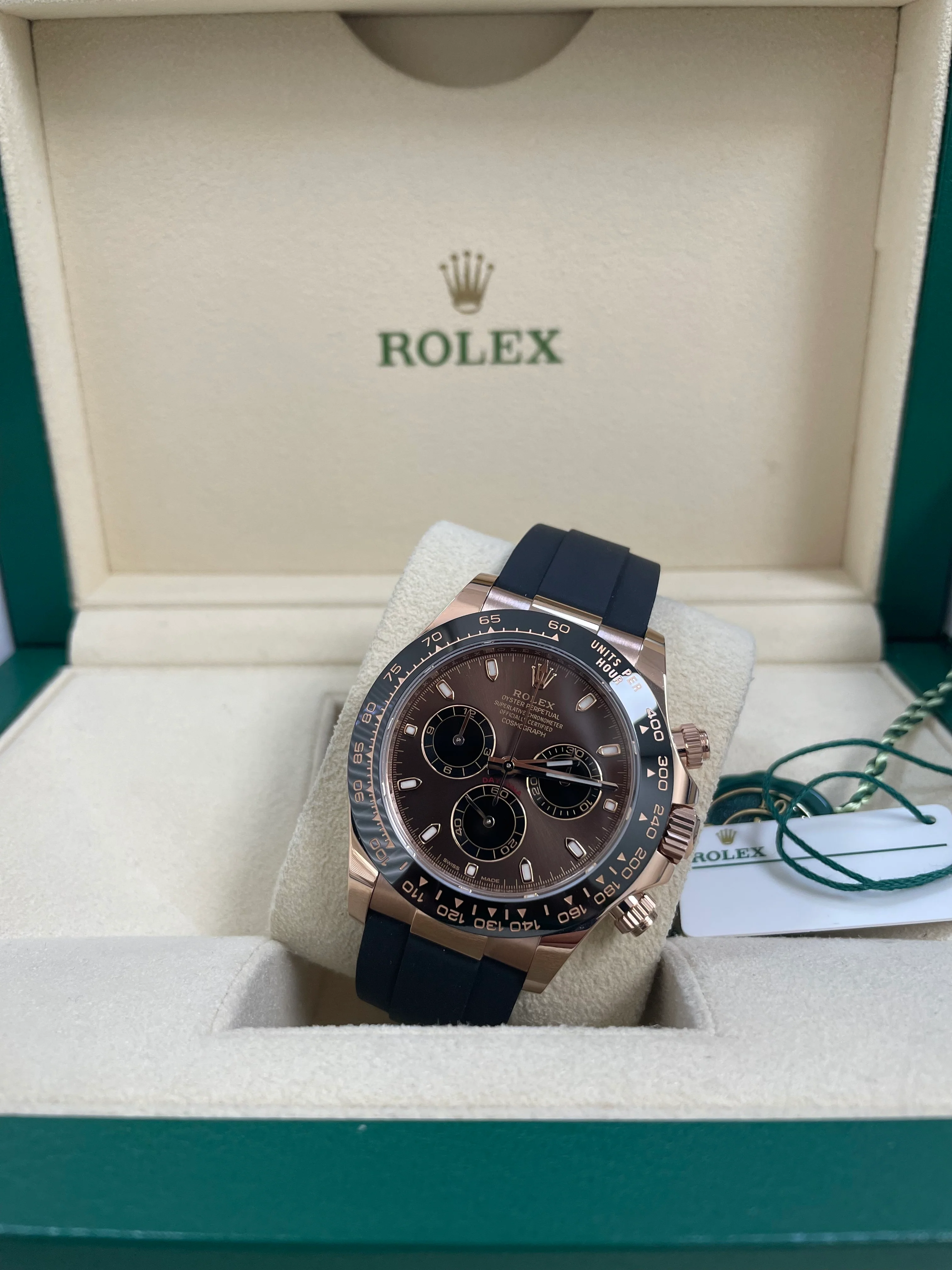 Rolex Everose Gold Cosmograph Daytona - 2023 - Chocolate Index Dial - Black Oysterflex Strap - 116515LN