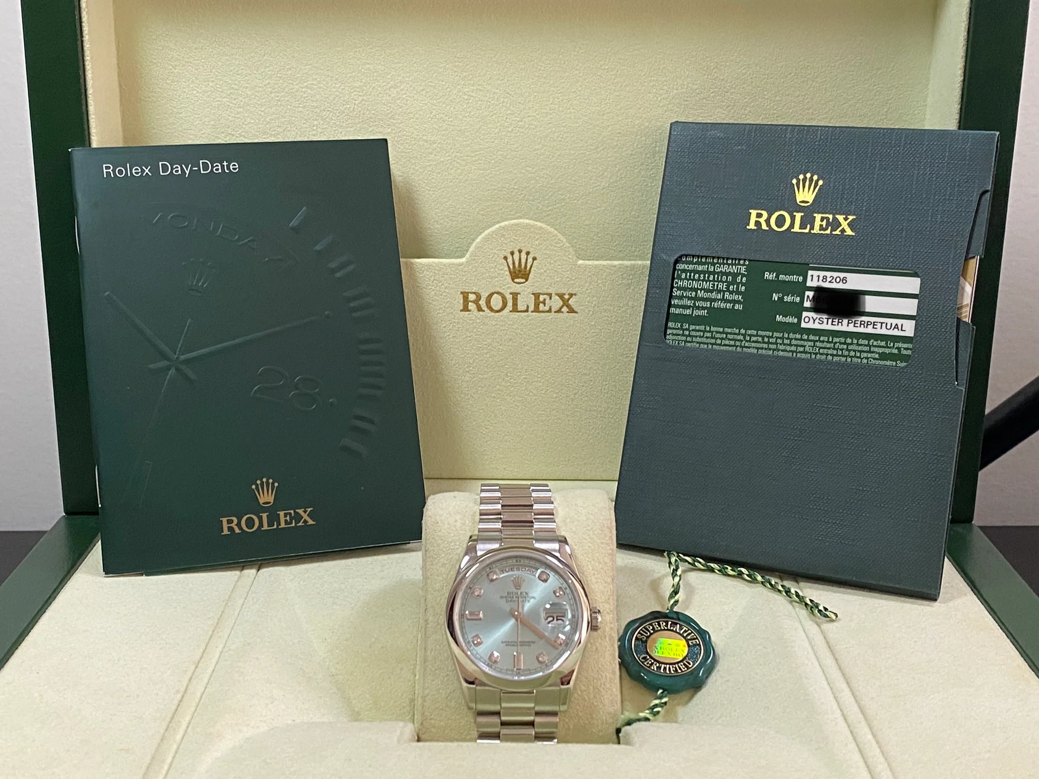Rolex Platinum Day-Date 36 - M Serial - Domed Bezel - Ice Blue Diamond Dial - President Bracelet - 118206