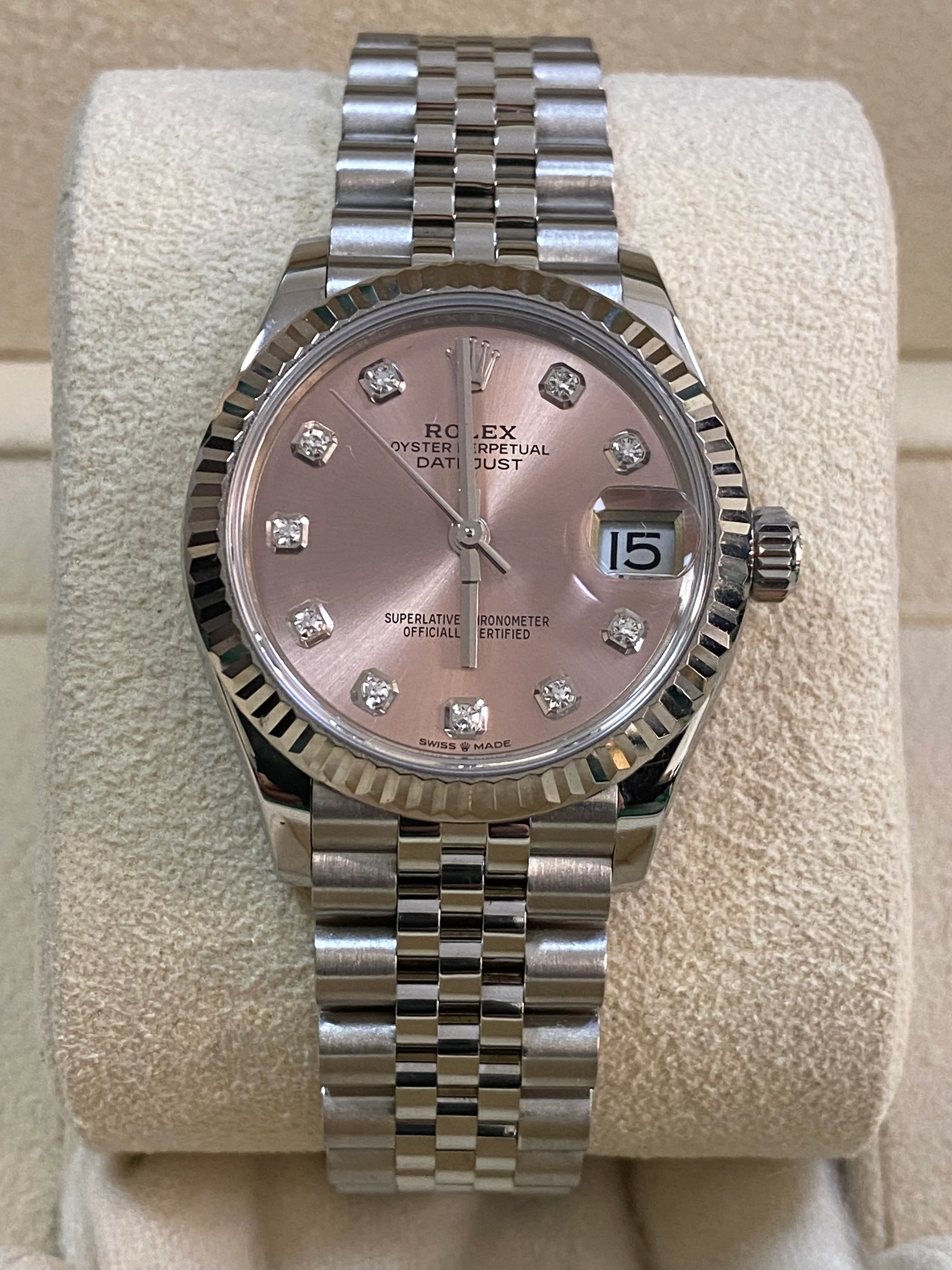 Rolex Steel and White Gold Datejust 31 - 2020 - Fluted Bezel - Pink Diamond Dial - Jubilee Bracelet - 278274
